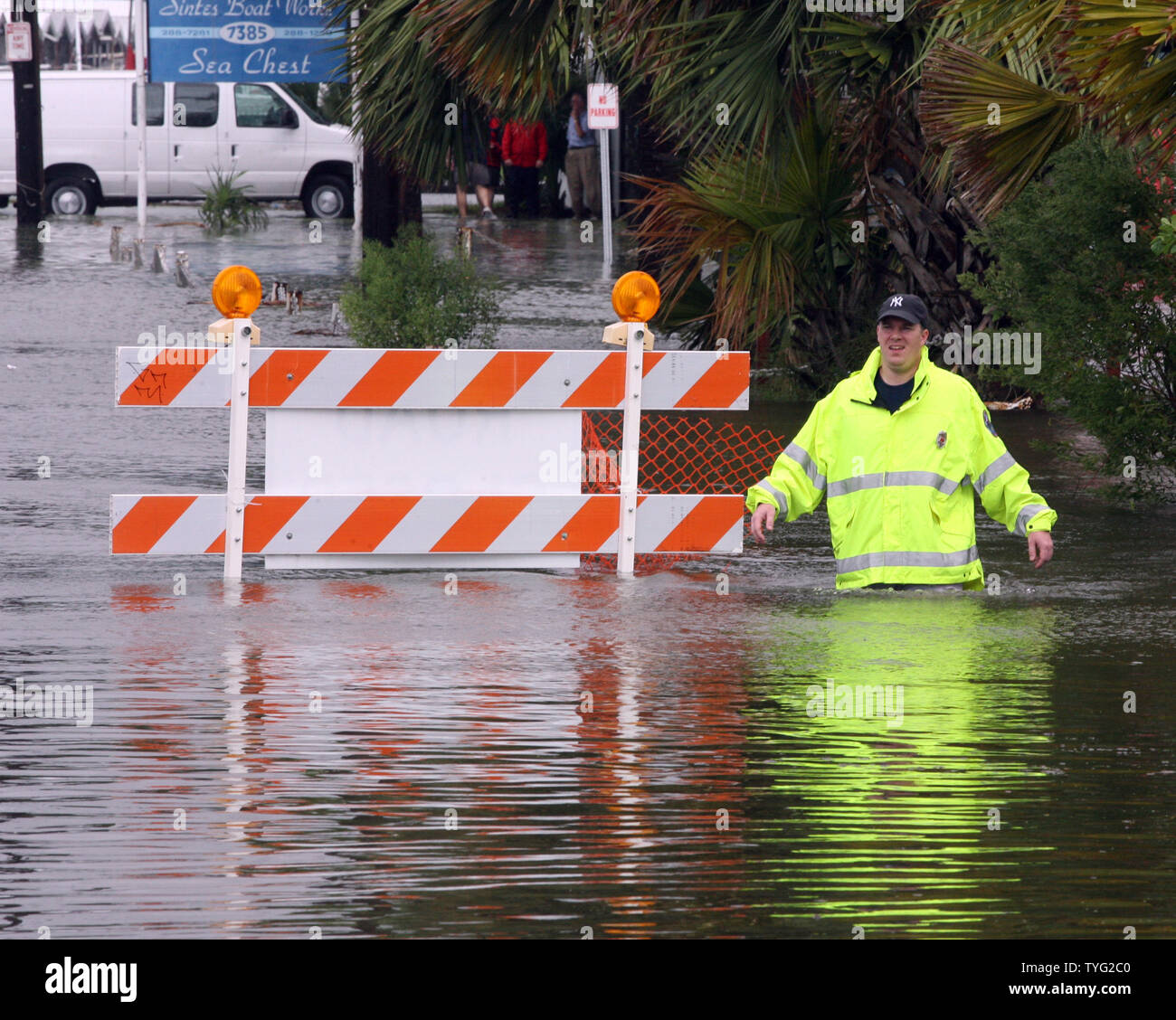 Justin Frechette wades though waist deep water from Tropical Storm Lee in the West End section of New Orleans September 3, 2011.  Heavy rain and strong wind gusts from  Lee have knocked out power to thousands in south Louisiana and Mississippi.  UPI/A.J. Sisco. Stock Photo