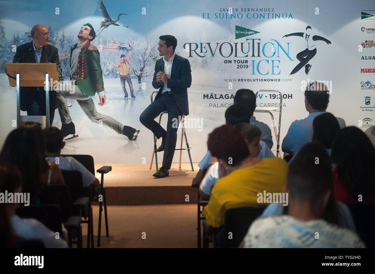 Spanish skater and world champion Javier Fernández speaks during a press conference about the presentation of the show.Revolution on Ice Tour 2019' show is a spectacle on ice with an international cast of world champion skaters, headed by the Spanish skater Javier Fernández. The show also features musical with the participation of Spanish singer and DJ Carlos Jean and acrobatics performances. Stock Photo