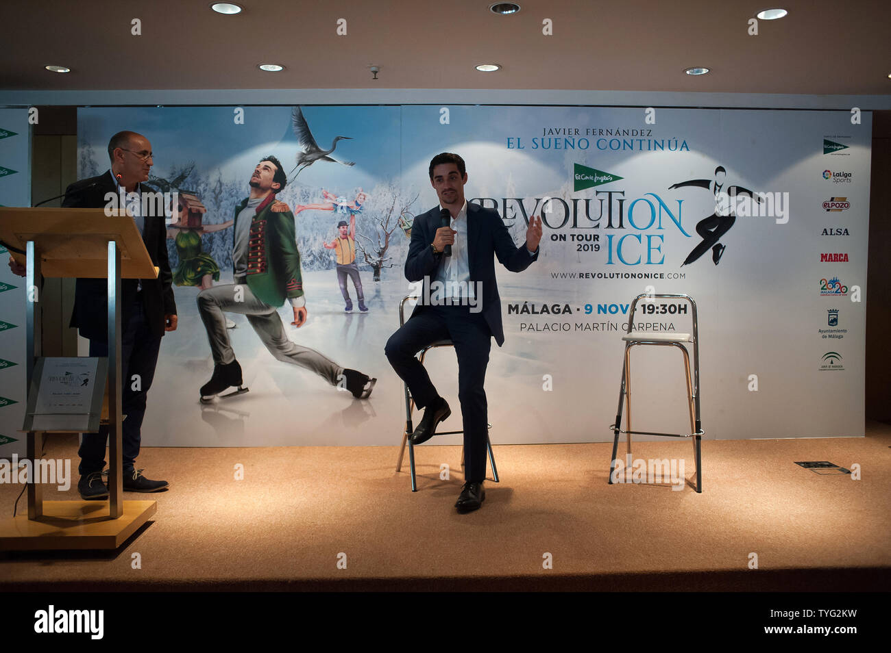 Spanish skater and world champion Javier Fernández speaks during a press conference about the presentation of the show.Revolution on Ice Tour 2019' show is a spectacle on ice with an international cast of world champion skaters, headed by the Spanish skater Javier Fernández. The show also features musical with the participation of Spanish singer and DJ Carlos Jean and acrobatics performances. Stock Photo