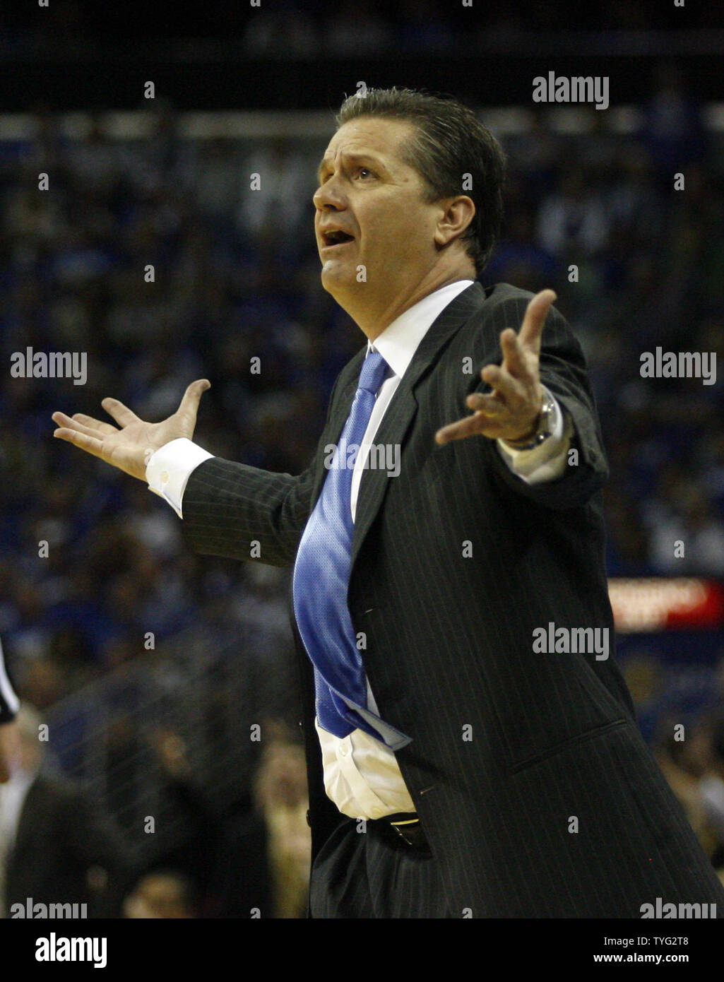 Kentucky Wildcats head coach John Calipari expresses his frustration courtside as his team struggled with Vanderbilt Commodores during the NCAA SEC Men's Basketball Championship at the New Orleans Arena in New Orleans on March 11, 2012. Vanderbilt defeated Kentucky 71-66.  UPI/A.J. Sisco Stock Photo