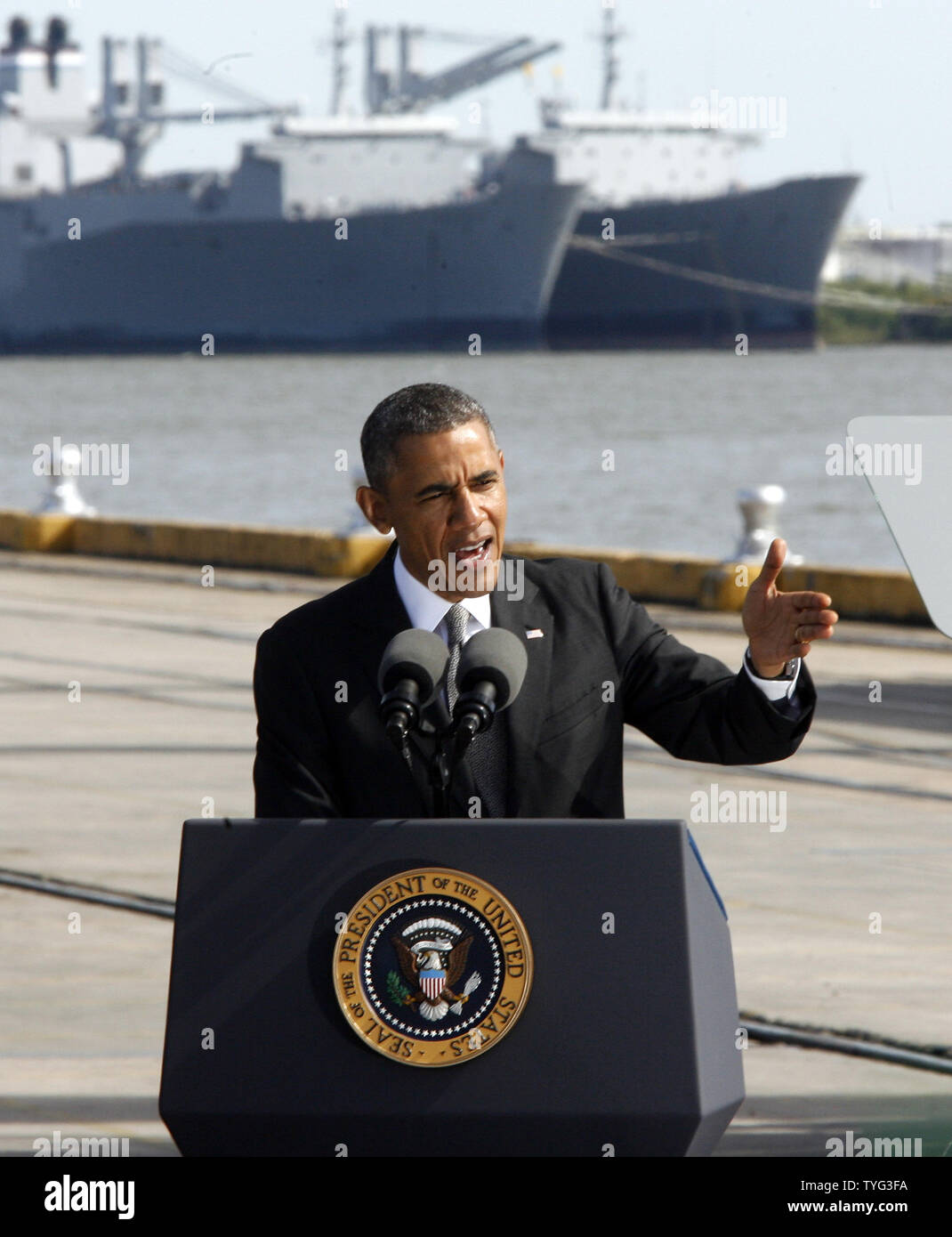 President Barack Obama delivers a speech at the Port of New Orleans on November 8, 2013. The President call on Congress to get behind his plan to spend tens of billions of dollars on the nation's infrastructure, saying it is crucial to bolster U.S. exports.   UPI/A.J. Sisco Stock Photo