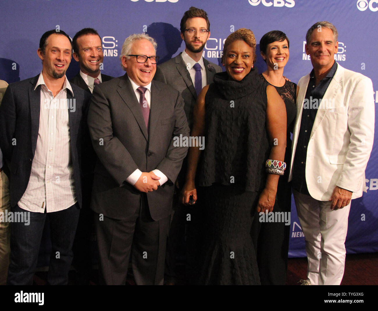 'NCIS: New Orleans' cast and producers arrive on the red carpet at the National WWII Museum in New Orleans for the premiere of the new television series airing on CBS this fall. From left, executive producer Jeffrey Lieber, actor Lucas Black, executive producer Gary Glasberg, and actors Rob Kerkovich, C.C.H. Pounder, Zoe McLellan and Scott Bakula, September 17, 2014.   UPI/A.J. Sisco Stock Photo