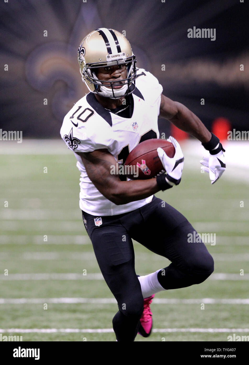 New Orleans Saints wide receiver Brandin Cooks (10) picks up 9 yards in the third quarter against the Tampa Bay Buccaneers at the Mercedes-Benz Superdome in New Orleans October 5, 2014. UPI/A.J. Sisco Stock Photo