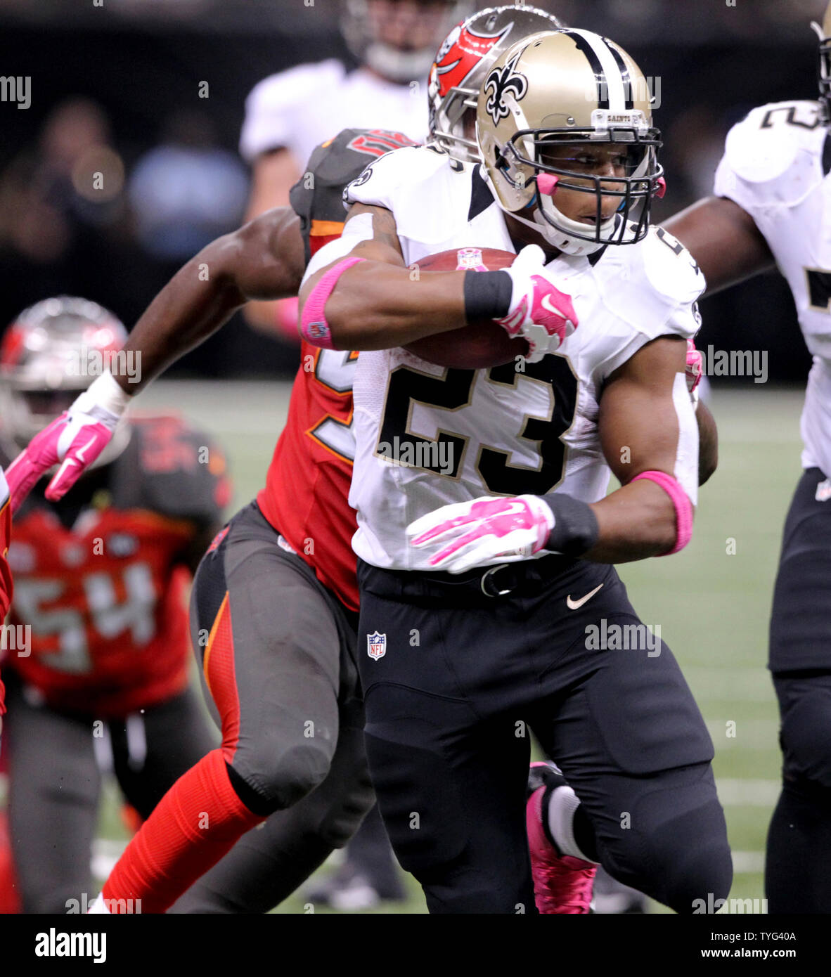 New Orleans Saints running back Pierre Thomas (23) goes 27 yards for a touchdown during the fourth quarter against the Tampa Bay Buccaneers at the Mercedes-Benz Superdome in New Orleans October 5, 2014. UPI/A.J. Sisco Stock Photo