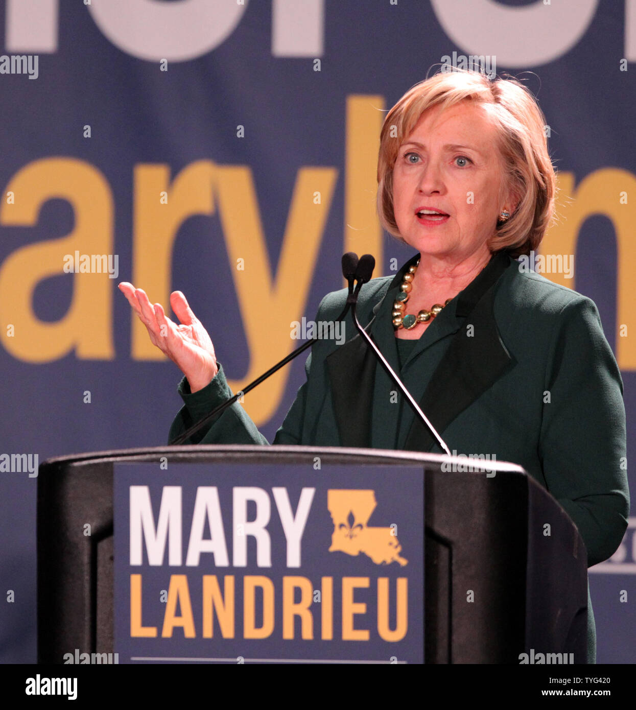 Hillary Rodham Clinton speaks during a campaign event for Democratic U.S. Sen. Mary Landrieu of Louisiana at the Sugar Mill in New Orleans, Louisiana, November 1, 2014. Landrieu is in a tight race to retain her seat with stiff competition coming from Republican U.S. Rep. Bill Cassidy and Tea Party candidate retired Air Force Col. Rob Maness. UPI/A.J. Sisco Stock Photo