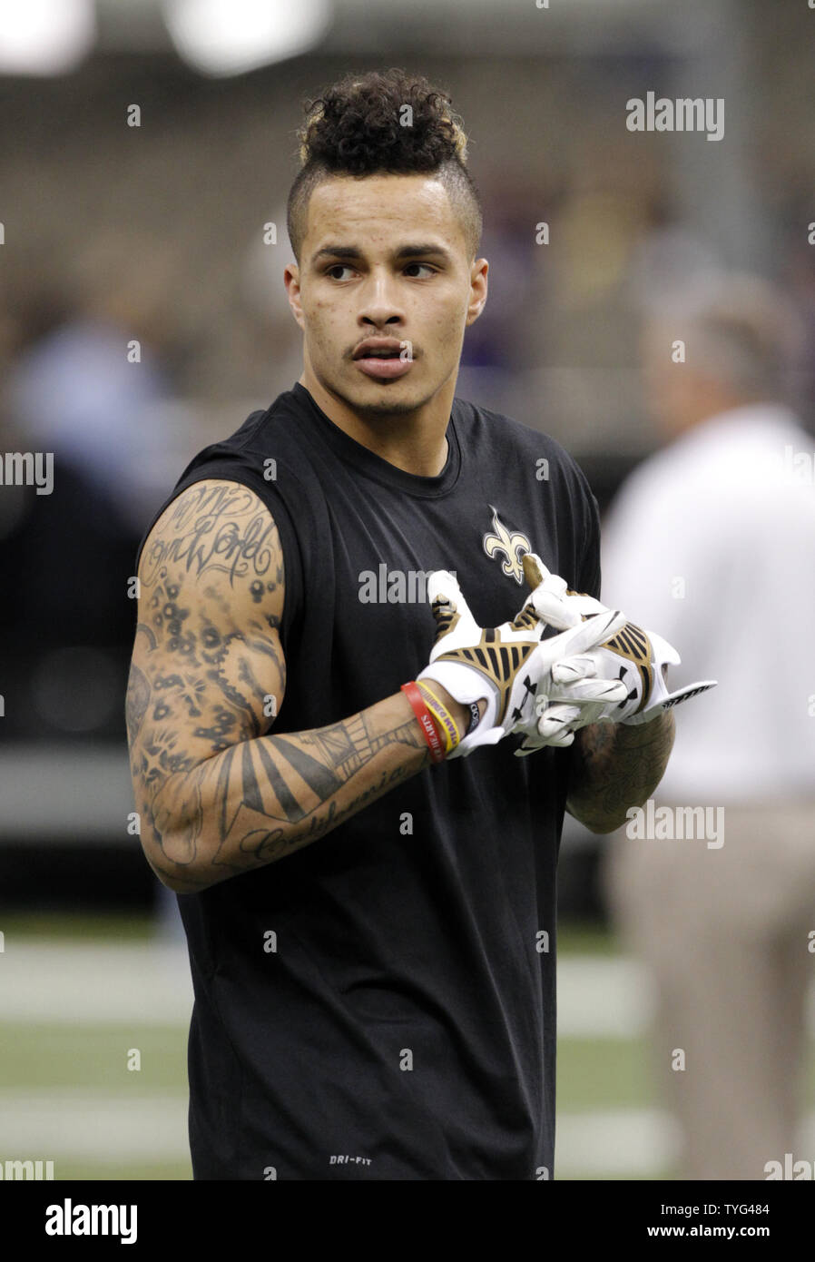 New Orleans Saints wide receiver Kenny Stills warms up before the start of  the Monday night game against the Baltimore Ravens at the Mercedes-Benz  Superdome in New Orleans November 24, 2014. UPI/A.J.