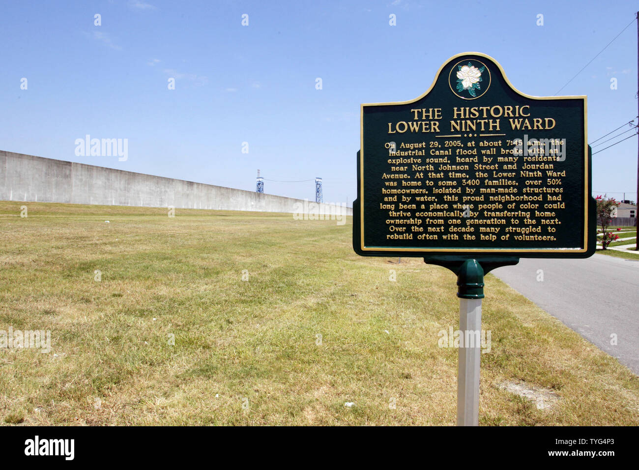 The Industrial Canal Flood Wall seen, August 28, 2015, gave way during the height of Hurricane Katrina nearly a decade ago, flooding the Lower 9th Ward of New Orleans. The city is preparing to mark the 10th anniversary of Katrina, which flooded much of the city in 2005.  Photo by AJ Sisco/UPI Stock Photo