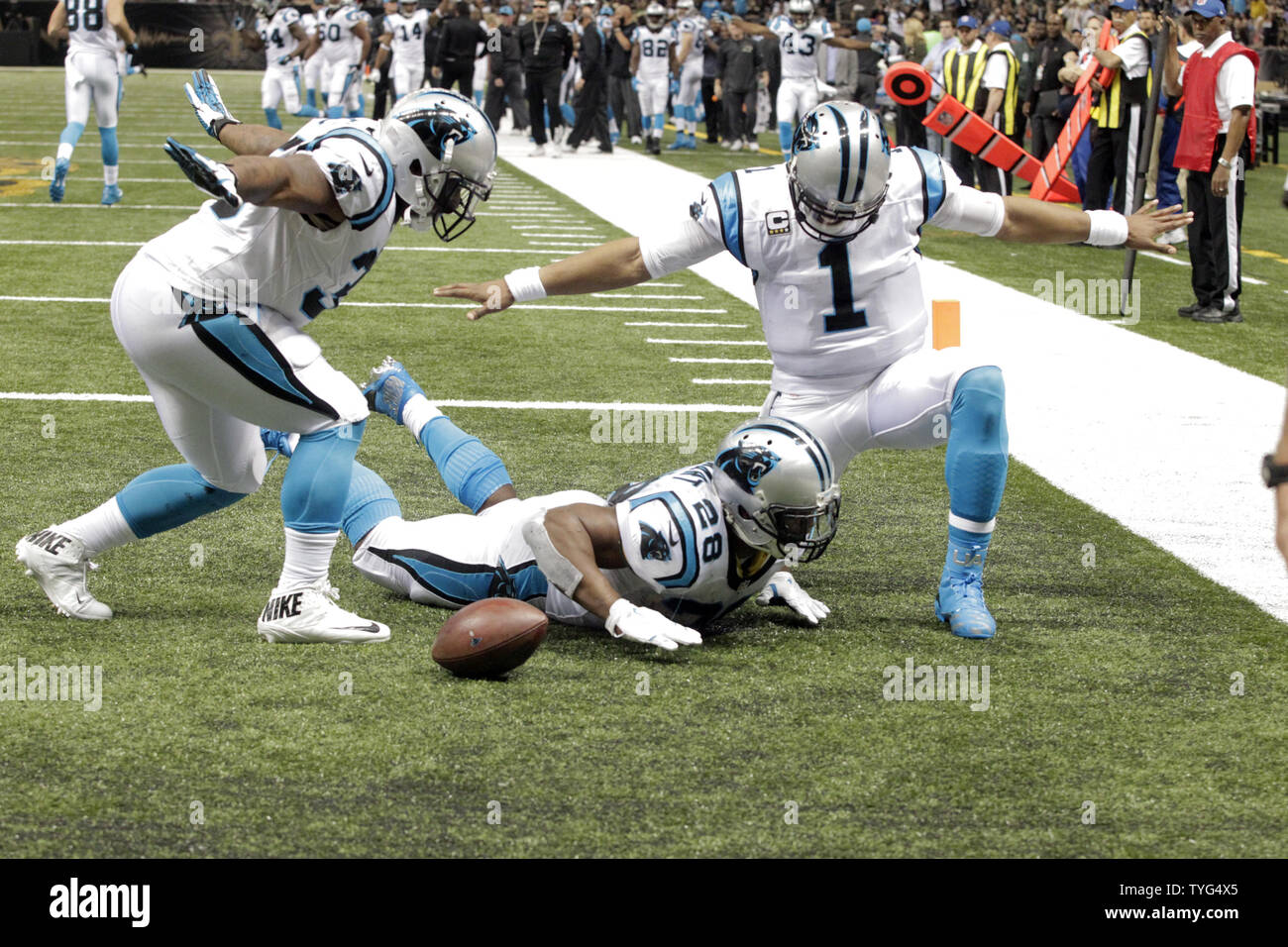 Carolina Panthers running back Jonathan Stewart (28) celebrates a touchdown against the New Orleans Saints with teammates during the second quarter at the Mercedes-Benz Superdome in New Orleans December 6, 2015.  Photo by AJ Sisco/UPI Stock Photo