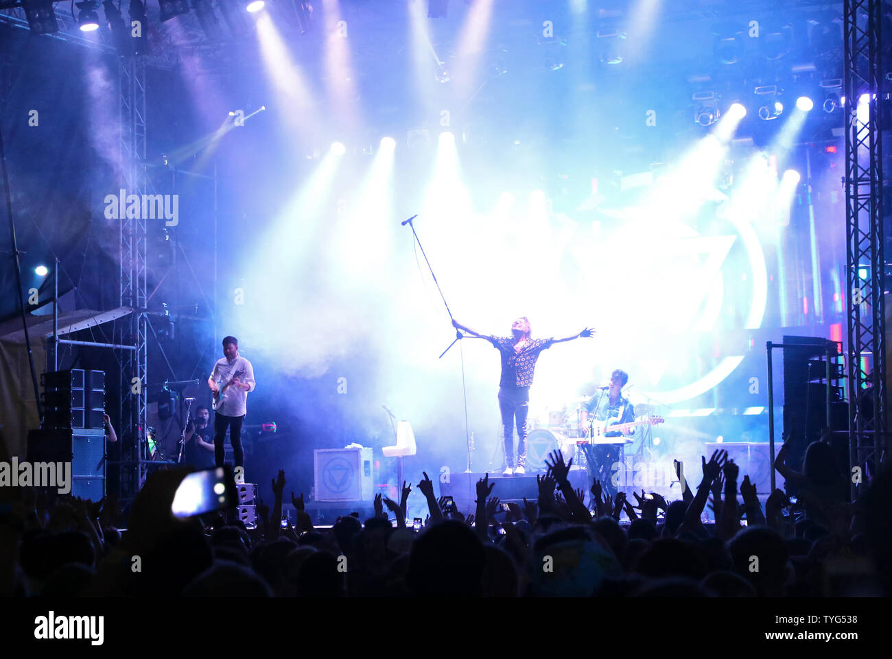 Kyiv, Ukraine - July 8, 2018: Enter Shikari, British alternative post hardcore rock band and Rou Reynolds, lead singer and frontman performs live at t Stock Photo