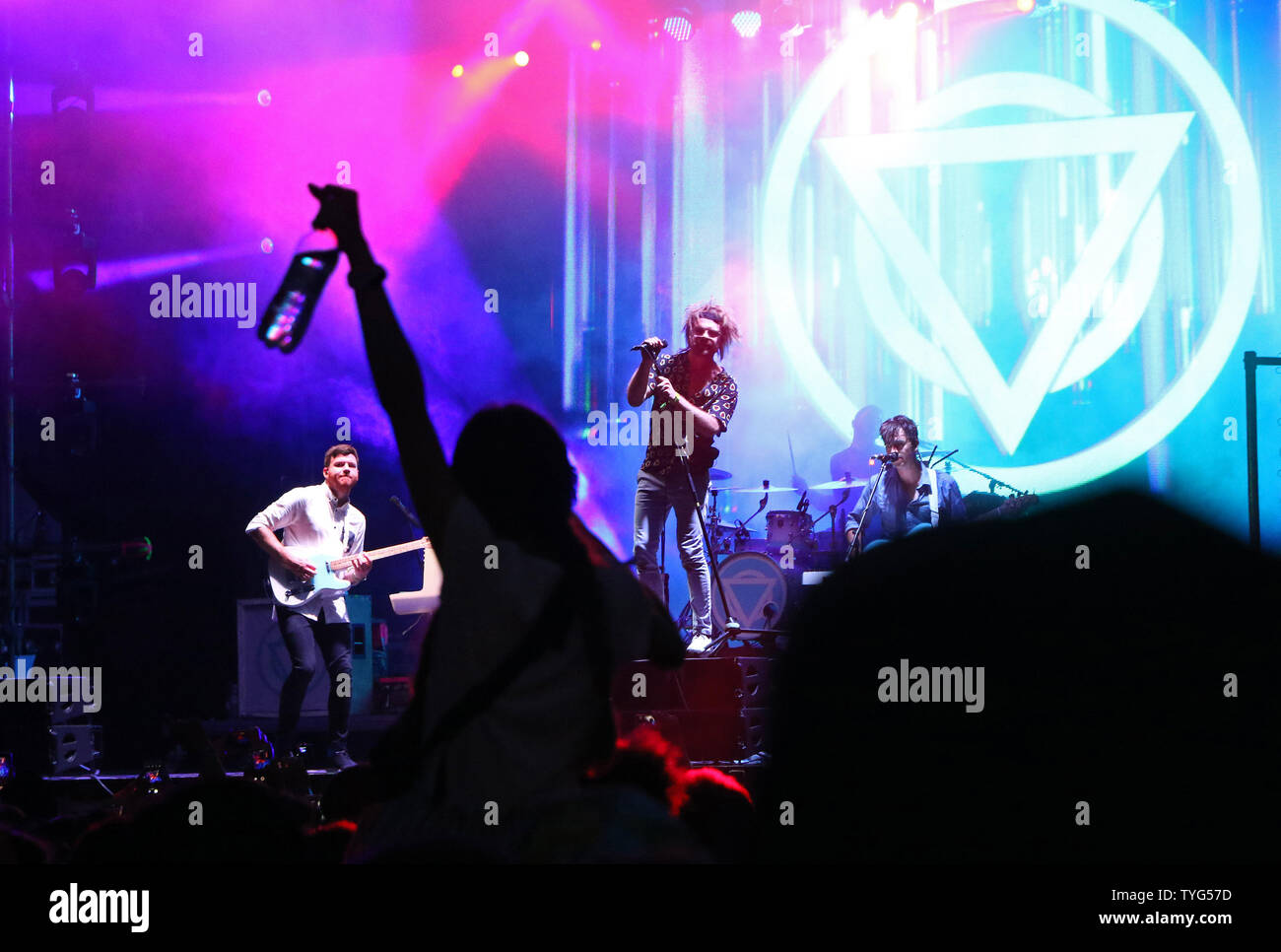 Kyiv, Ukraine - July 8, 2018: Enter Shikari, British alternative post hardcore rock band and Rou Reynolds, lead singer and frontman performs live at t Stock Photo