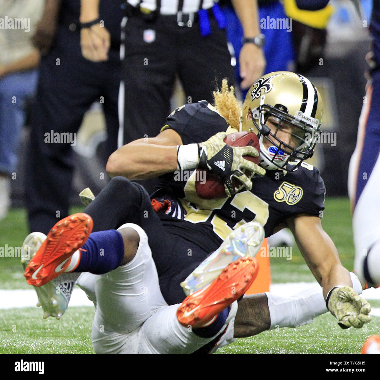 New Orleans Saints wide receiver Willie Snead (83) pulls in a 5 yard Drew Brees pass for a touchdown in front of Denver Broncos cornerback Bradley Roby (29) in the third quarter at the Mercedes-Benz Superdome in New Orleans November 13, 2016. Photo by AJ Sisco/UPI Stock Photo