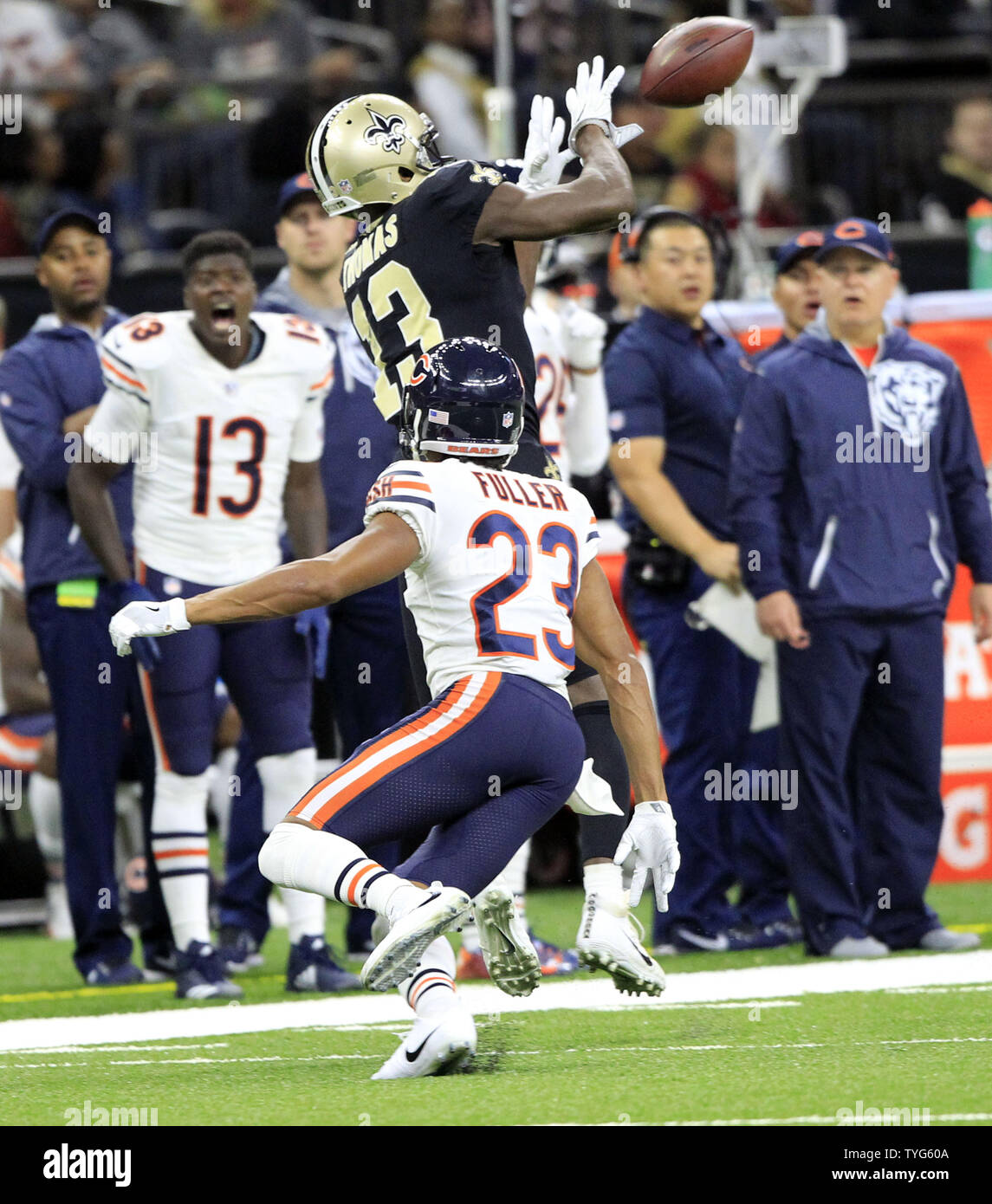 New Orleans Saints wide receiver Michael Thomas (13) catches a Drew Brees pass for 22 yards in front of Chicago Bears cornerback Kyle Fuller (23) in the fourth quarter at the Mercedes-Benz Superdome in New Orleans October 29, 2017. Photo by AJ Sisco/UPI Stock Photo