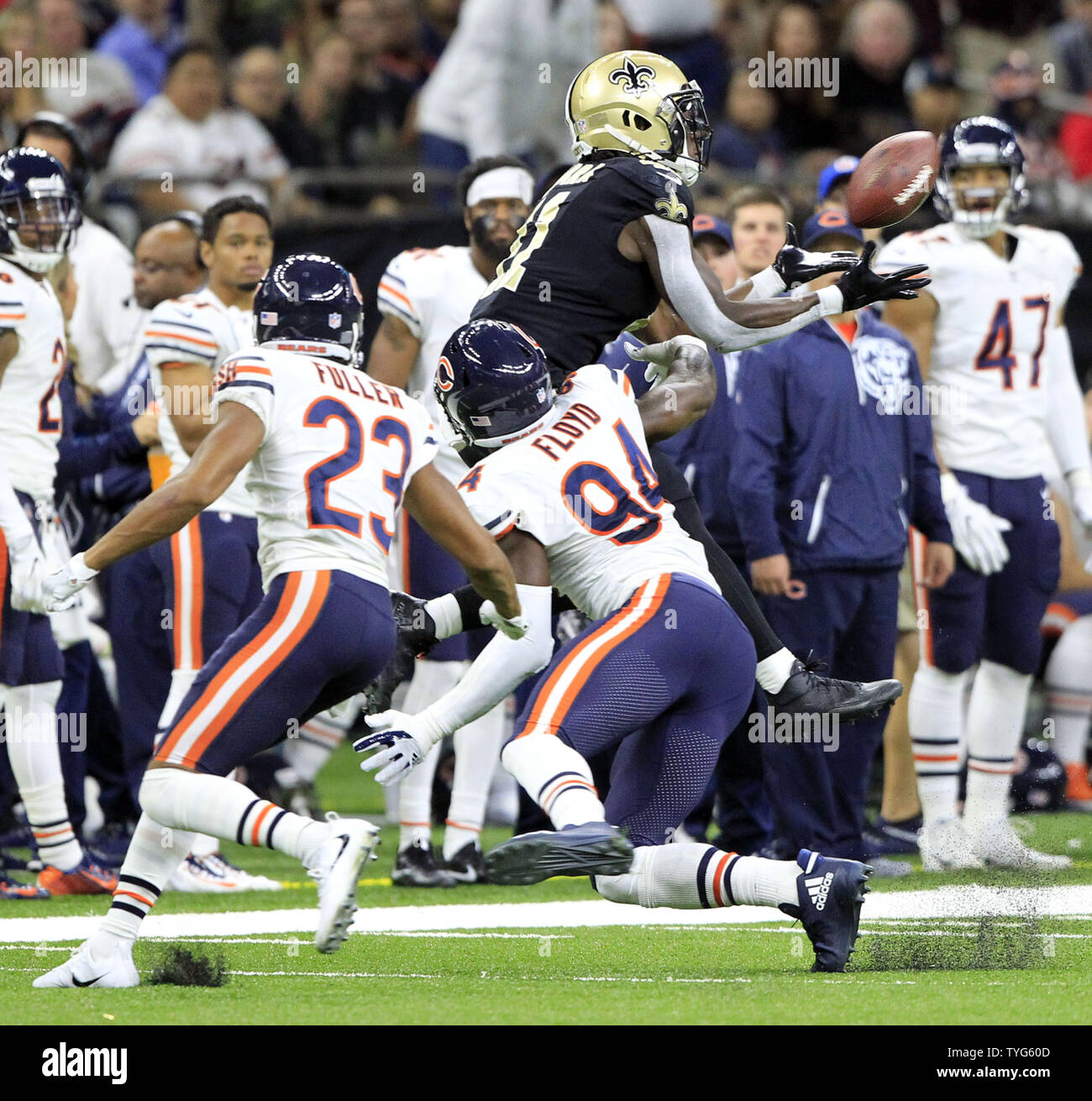 New Orleans Saints running back Alvin Kamara (41) catches a Drew Brees pass for a 34 yard gain as Chicago Bears cornerback Kyle Fuller (23) and outside linebacker Leonard Floyd (94) defend at the Mercedes-Benz Superdome in New Orleans October 29, 2017. Photo by AJ Sisco/UPI Stock Photo