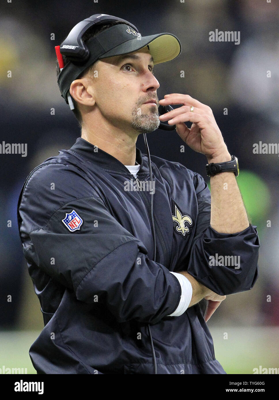 New Orleans Saints defensive coordinator Dennis Allen looks up at the  scoreboard during the game against the Chicago Bears at the Mercedes-Benz  Superdome in New Orleans October 29, 2017. Photo by AJ