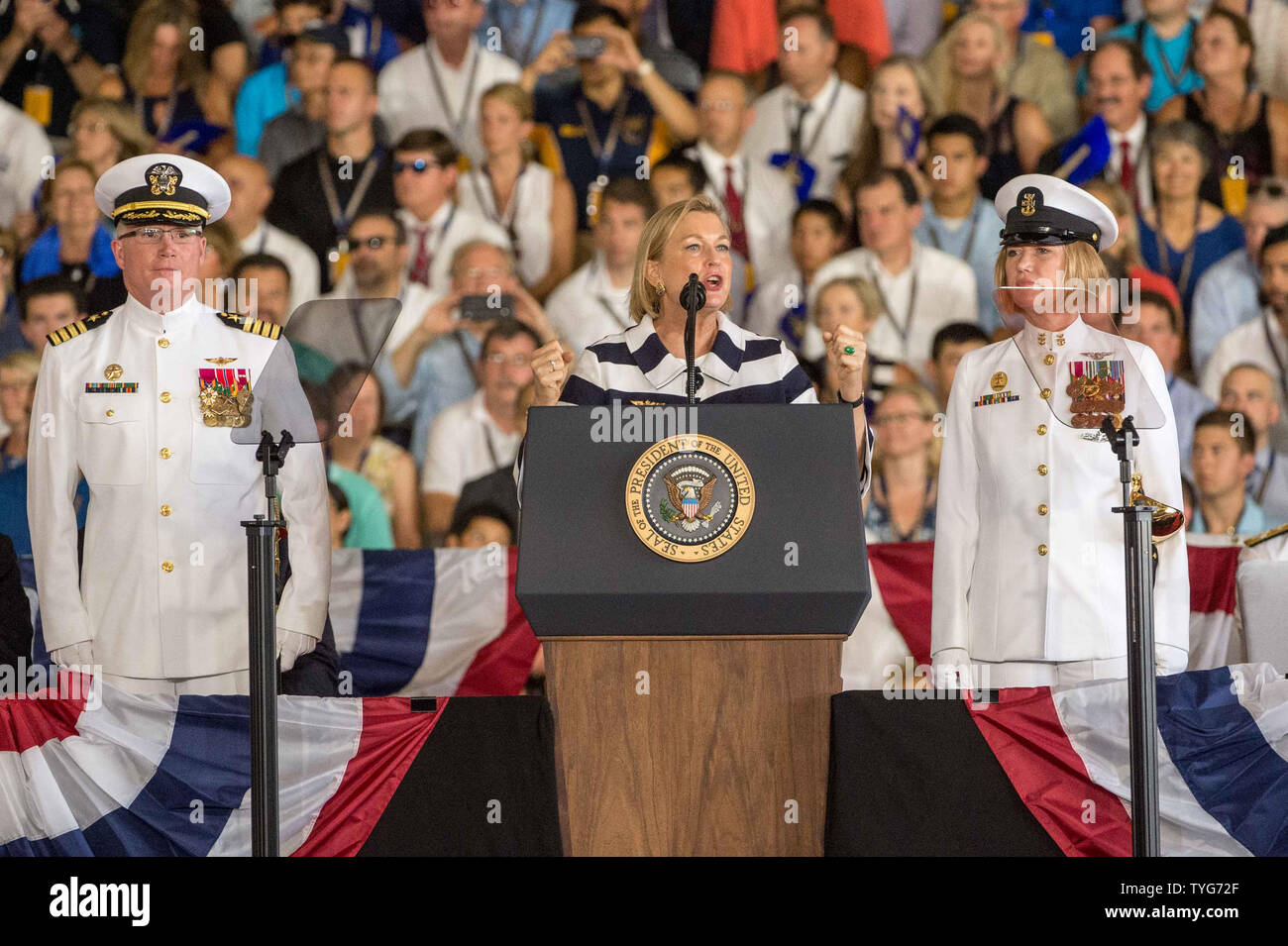 Susan Ford Bales, youngest child and only daughter of former U.S. President Gerald Ford and former First Lady Betty Ford, gives orders to man the ship and to bring life the USS Gerald R. Ford (CVN78) during its commissioning ceremony at Norfolk Naval Base, Virginia on July 22, 2017. The aircraft carrier is named after President Ford who served aboard the USS Monterey in the Pacific during World War II, and was the first president to serve aboard an aircraft carrier.    Photo by Ken Cedeno/UPI Stock Photo