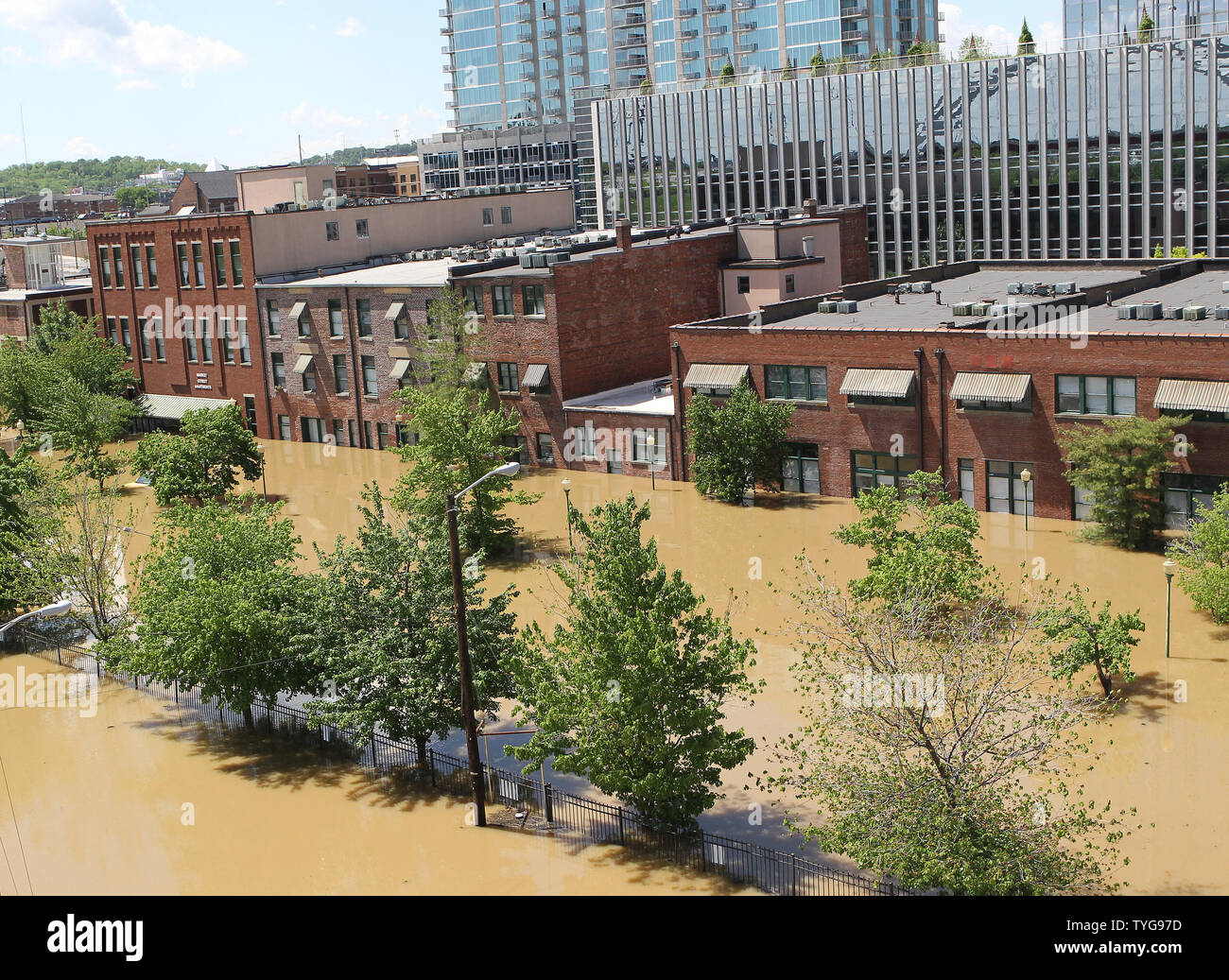 Downtown Nashville is seen following flooding from the Cumberland River on May 5, 2010. Nashville received over 13 inches of rain over the weekend causing flash floods that has killed at least 18 people and forced the evacuation of Nashville landmarks like the Country Music Hall of Fame and the Grand Ole Opry. UPI/Terry Wyatt Stock Photo