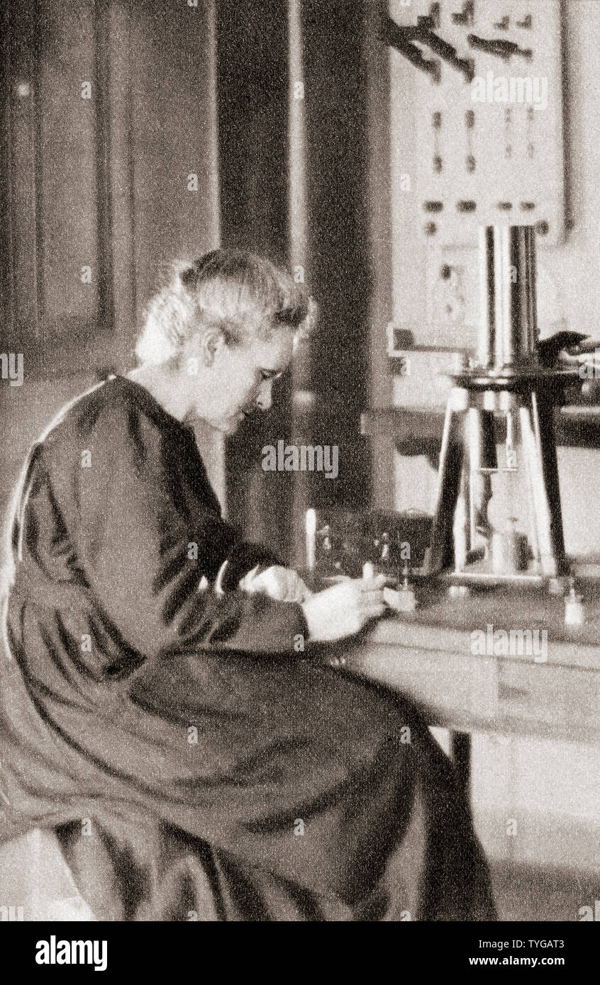 Marie Skłodowska Curie, born Maria Salomea Skłodowska, 1867 – 1934.  Polish and naturalized-French physicist and chemist.  From The Pageant of the Century, published 1934. Stock Photo