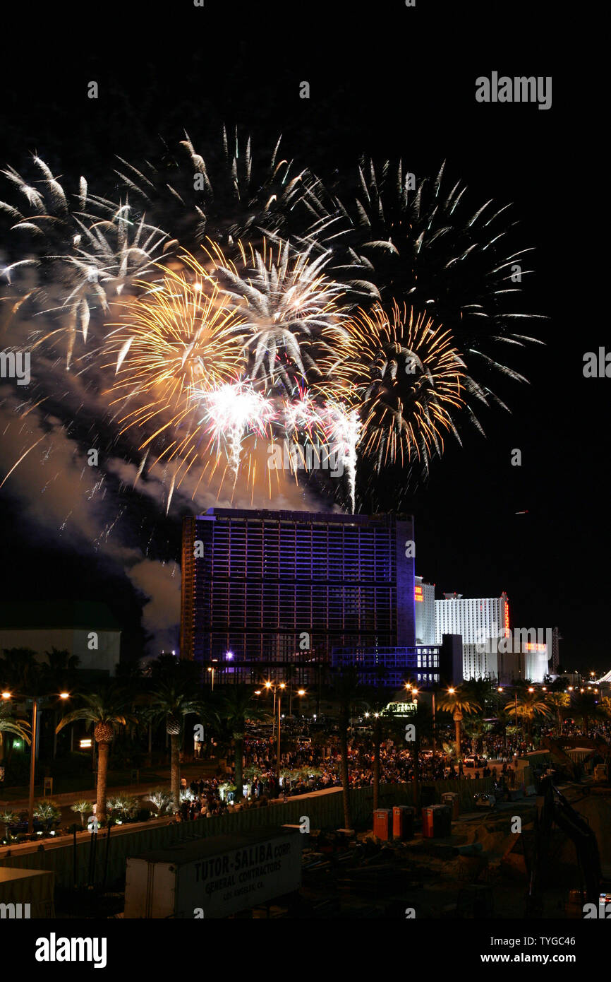 The landmark Stardust Hotel and Casino on the Las Vegas Strip was imploded in the early morning of March 13, 2007.  The Stardust opened in 1958 and was considered Las Vegas' first mass-market casino due to cheap rates, food and drinks.  It came down in a show of fireworks and ended in a cloud of dust.  (UPI Photo/David Allio) Stock Photo