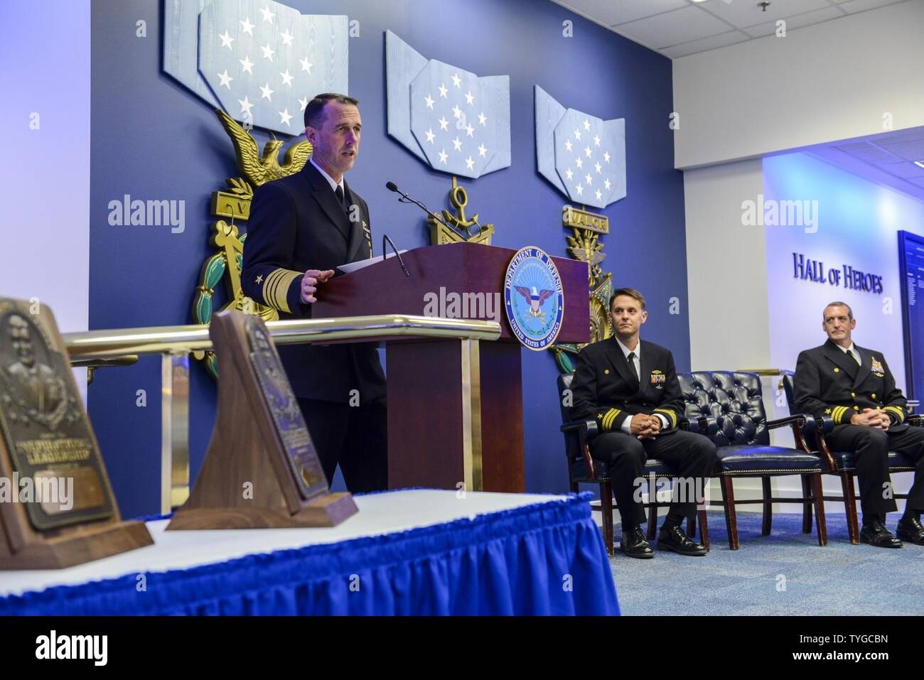 (Nov. 8, 2016) Chief of Naval Operations (CNO) Adm. John Richardson delivers remarks at the 2016 Vice Admiral James Stockdale Leadership Award ceremony in the Pentagon’s Hall of Heroes. The Stockdale Leadership Award is presented annually to two commissioned officers on active duty below the rank of Captain who are in command of a single ship, submarine, aviation squadron or operational warfare unit at the time of nomination. The award is unique in that candidates are nominated by their peers who themselves must be eligible for the award. Stock Photo