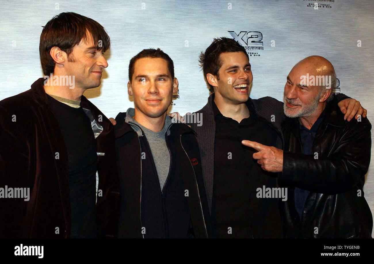 Hugh Jackman, director Bryan Singer, James Marsden and Patrick Stewart (left to right) clown and Hugh Jackman, director Bryan Singer, James Marsden and Patrick Stewart (left to right) clown and