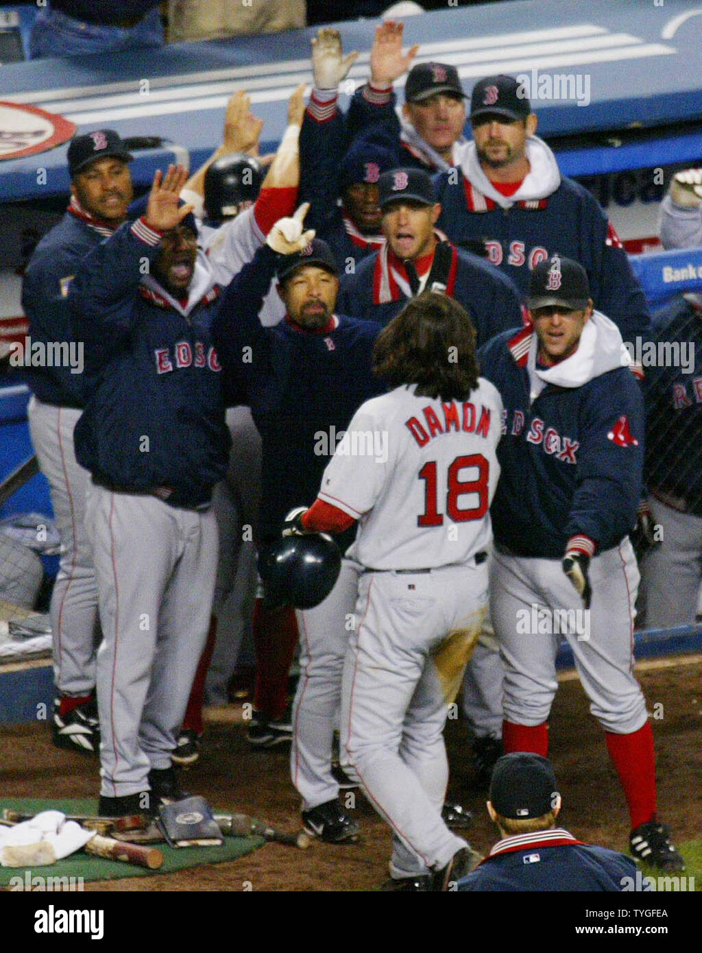 Boston Red Sox's outfielder Johnny Damon, still doing a black eye, turns up  for practice despite sitting out game two of the American League  championship series playoffs against the New York Yankees