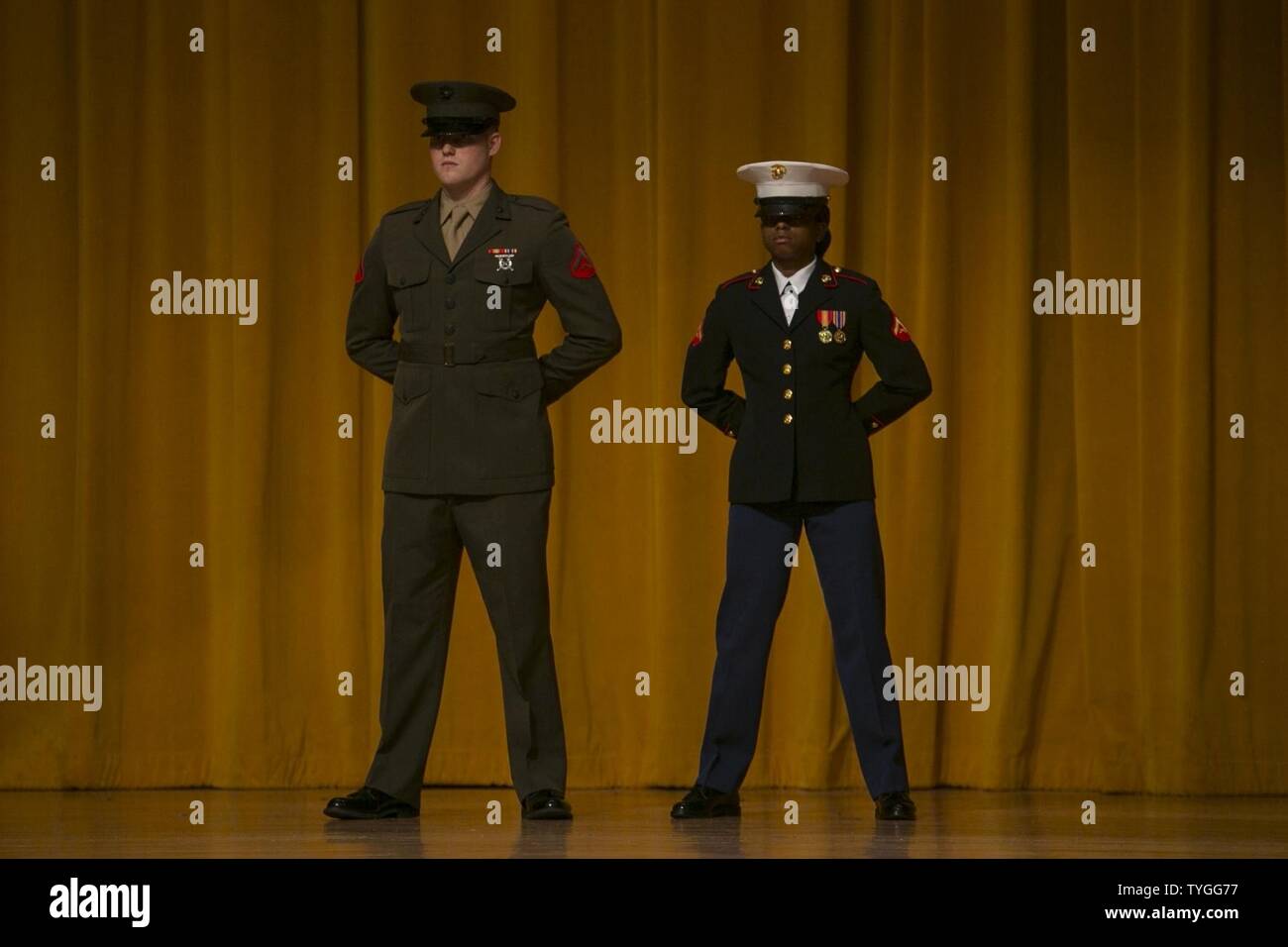 Marines model the United States Marine Corps dress blue and service