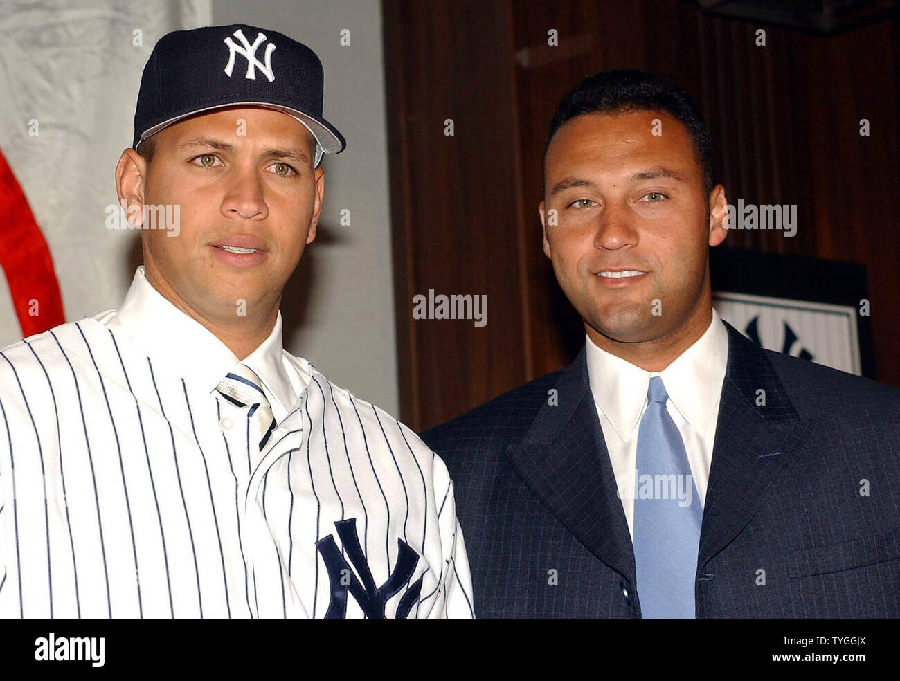 Reigning American League Most Valuable Player Alex Rodriguez tips his hat  to the media covering his Feb. 17, 2004 press conference at New York's  Yankee Stadium after he was introduced as the