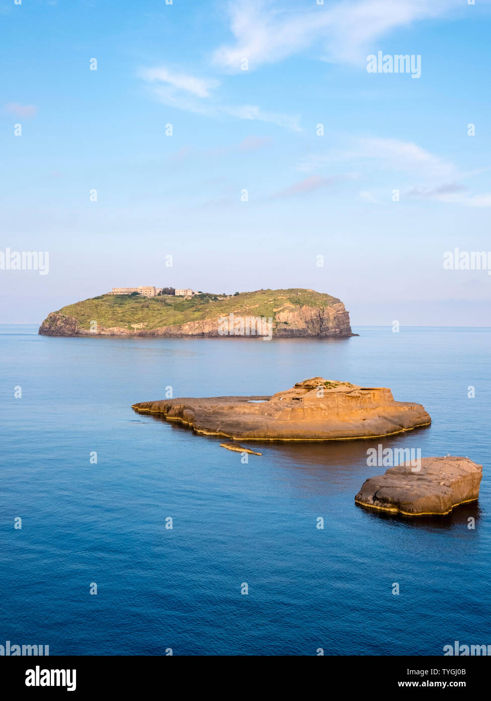 Santo Stefano Island with abandoned prison, seen from Ventotene Stock Photo