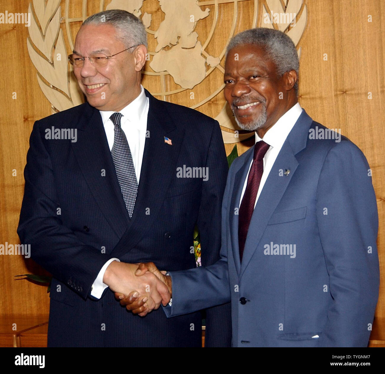 UN Secretary General Kofi Annan and US Secretary of State Colin Powell (left) meet for consulations and a joint press conference on July 22, 2004 on efforts to aid Sudan (UPI Photo/Ezio Petersen) Stock Photo
