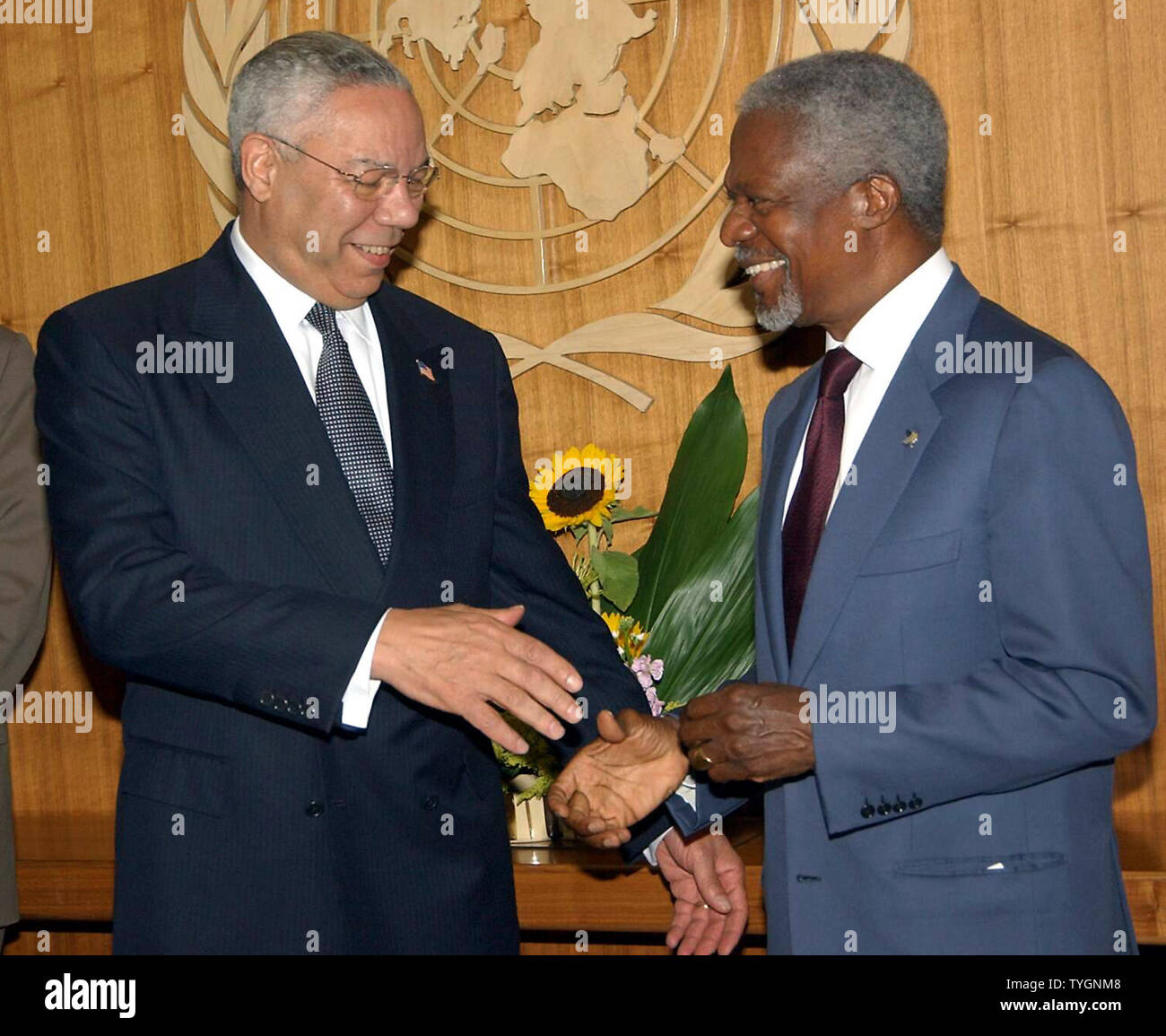 UN Secretary General Kofi Annan and US Secretary of State Colin Powell (left) meet for consulations and a joint press conference on July 22, 2004 on efforts to aid Sudan (UPI Photo/Ezio Petersen) Stock Photo