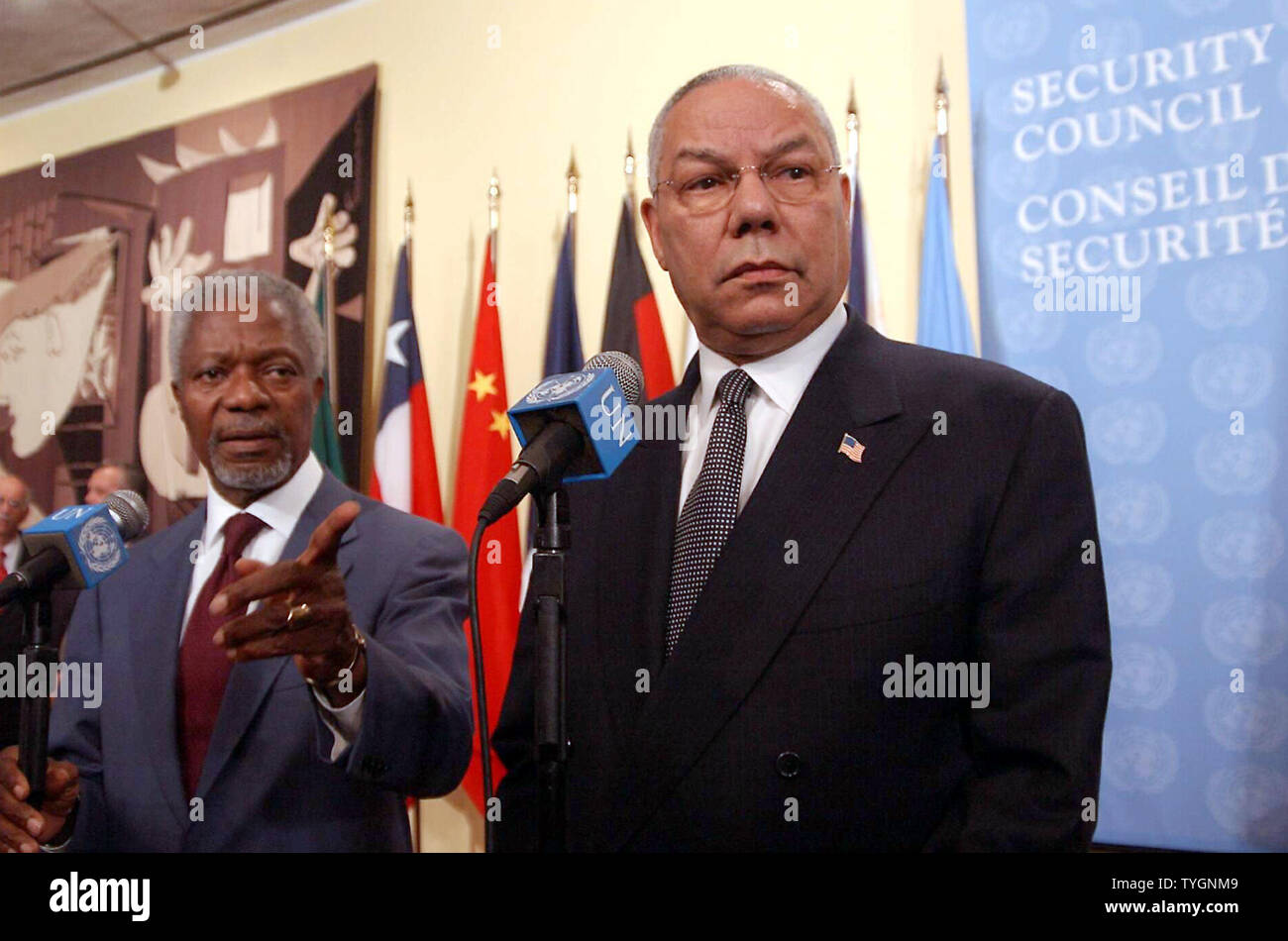 UN Secretary General Kofi Annan and US Secretary of State Colin Powell (right) meet for consulations and a joint press conference on July 22, 2004 on efforts to aid Sudan (UPI Photo/Ezio Petersen) Stock Photo