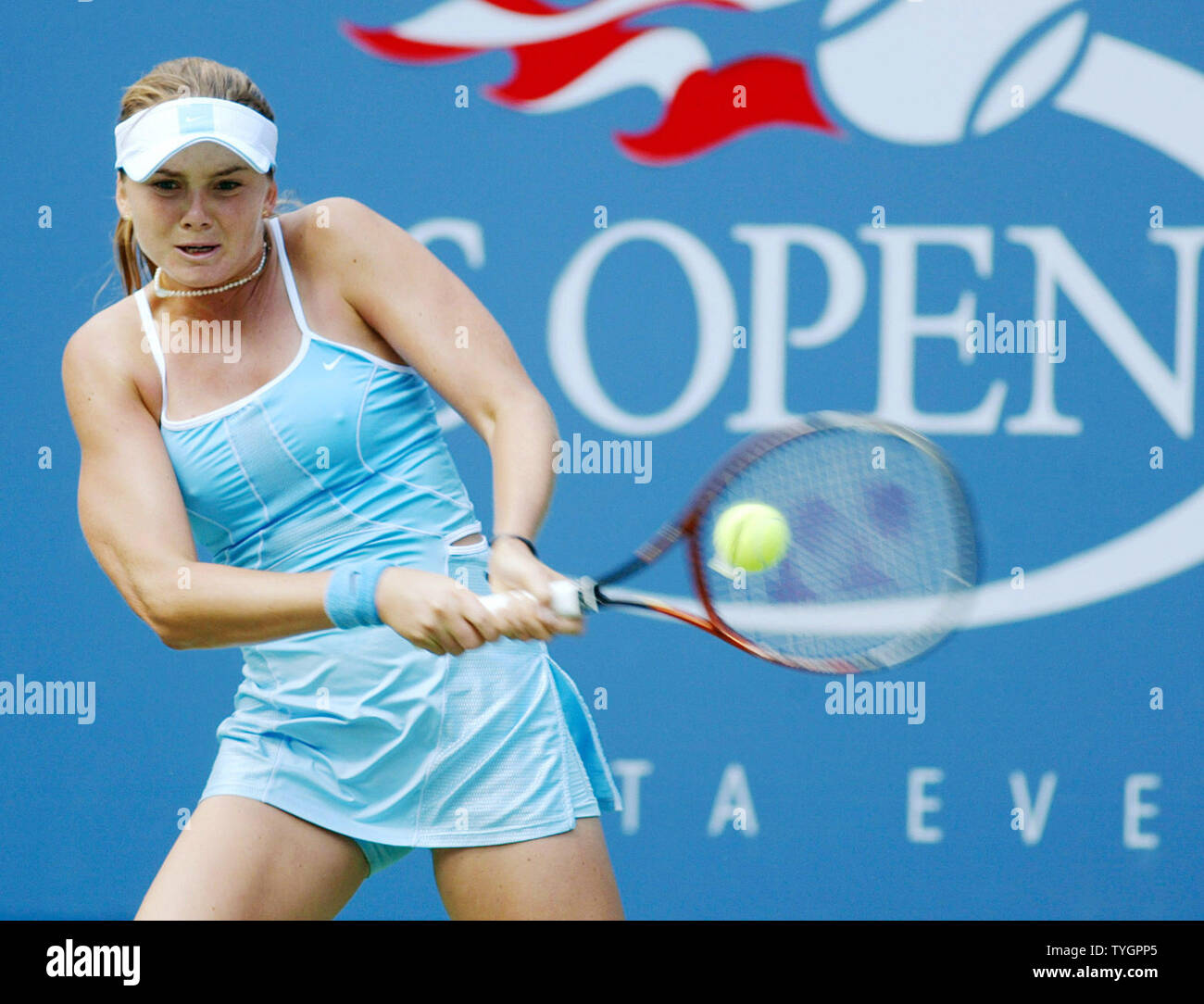 Daniela Hantuchova hits a backhand during her straight sets victory over Allcia Molik at the US Open in Flushing, New York on September 1, 2004.    (UPI Photo/John Angelillo) Stock Photo