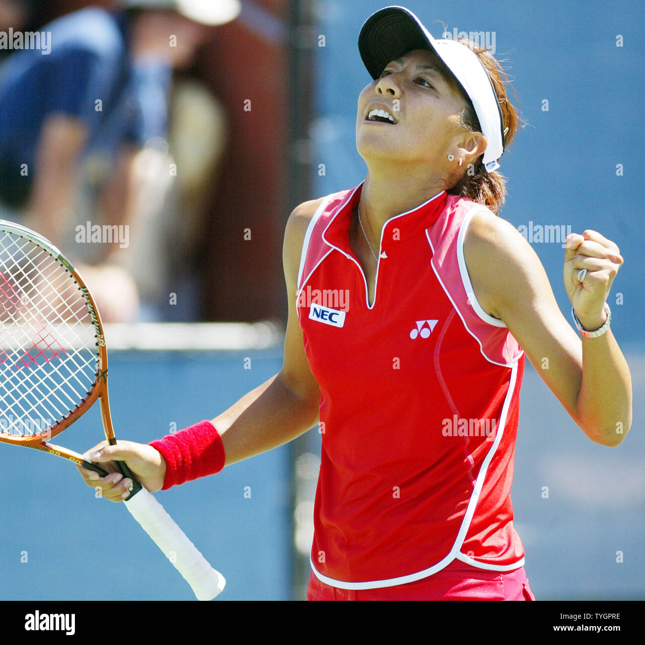 Shinobu Asagoe (JPN) reacts after match point in her straight sets victory overJill Craybas at the US Open in Flushing, New York on September 2, 2004.    (UPI Photo/John Angelillo) Stock Photo