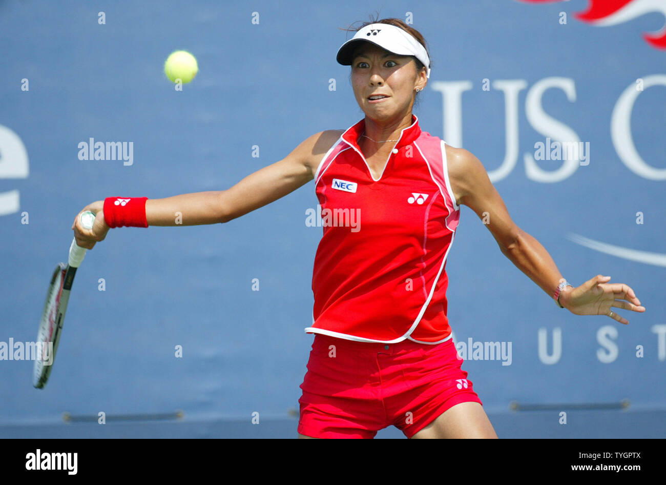 Shinobu Asagoe (JPN) hits a forehand in her straight sets victory over Paola Suarez (ARG) during day 6 action at the US Open in Flushing, New York on September 4, 2004.    (UPI Photo/John Angelillo) Stock Photo
