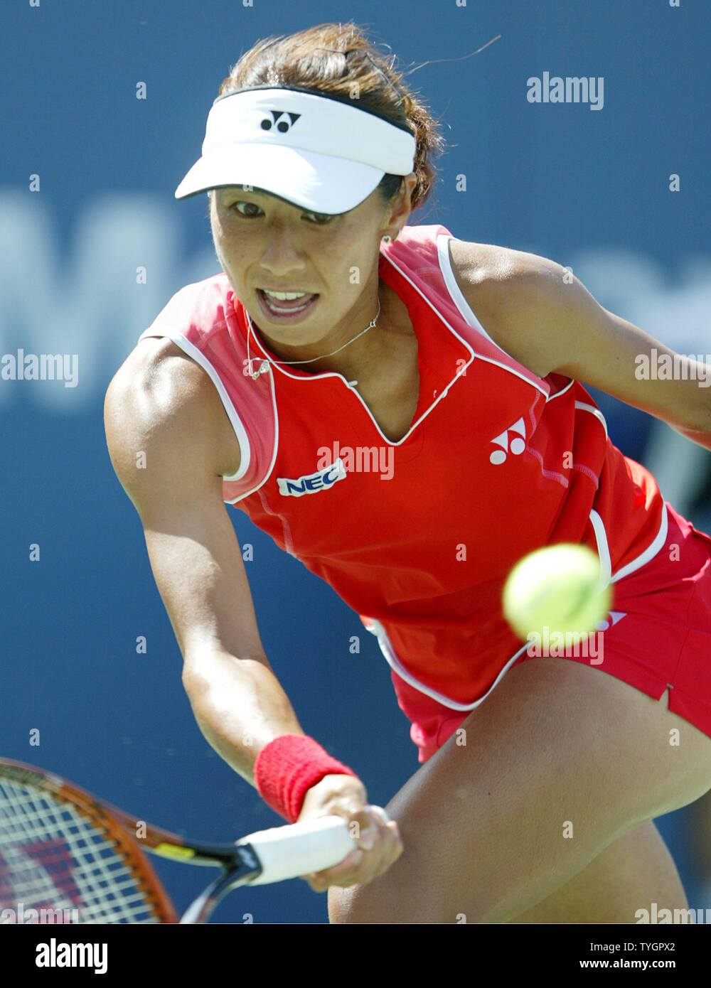 Shinobu Asagoe (JPN) hits a forehand during her defeat of Eleni Daniilidou (GRE) in 3 sets during day 8 action at the US Open in Flushing, New York on September 6, 2004.    (UPI Photo/John Angelillo) Stock Photo