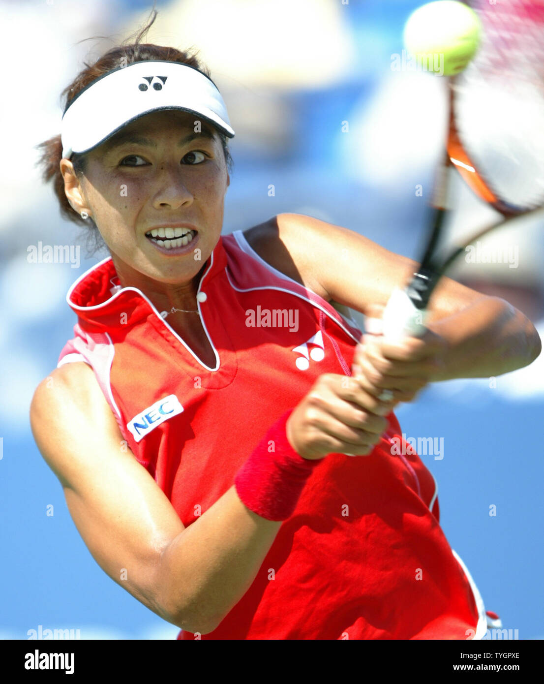 Shinobu Asagoe (JPN) hits a backhand during her defeat of Eleni Daniilidou (GRE) in 3 sets during day 8 action at the US Open in Flushing, New York on September 6, 2004.    (UPI Photo/John Angelillo) Stock Photo