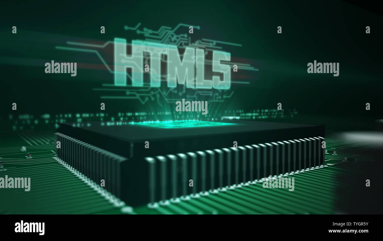 HTML5 glowing hologram over working cpu in background. Modern and ...