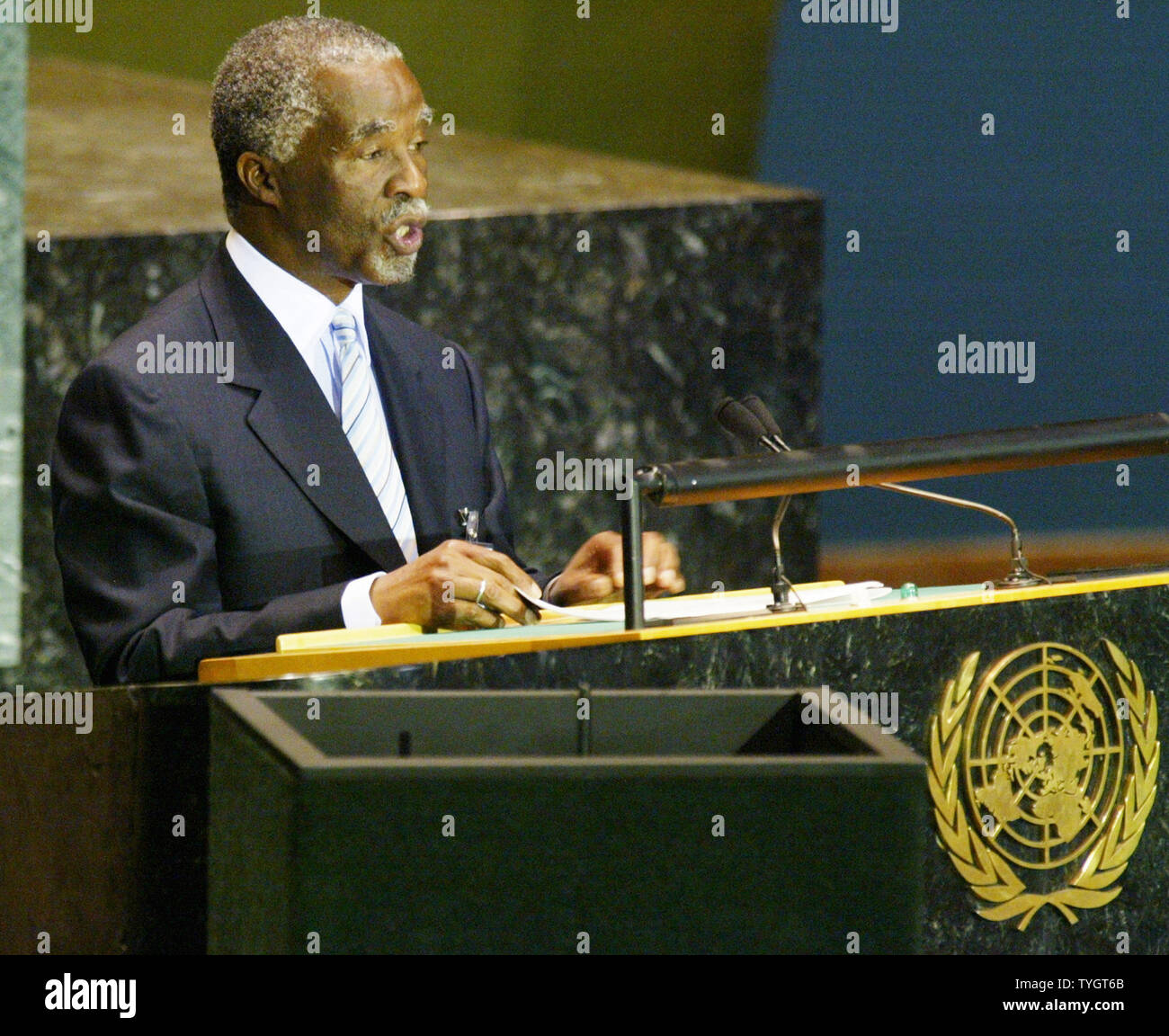 Thabo Mbeki, president of South Africa, addresses the 59th session of the General Assembly at the United Nations on September 22, 2004 in New York City.  (UPI Photo/Monika Graff) Stock Photo
