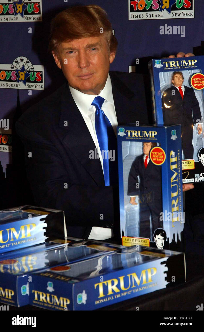 Real estate mogul and author Donald Trump meets the media on Sept. 29, 2004 at New York's Toys 'R' Us store to launch the Donald J. Trump 12 inch talking doll prodcued by Stevenson Entertainment Group. (UPI Photo/EzioPetersen) Stock Photo