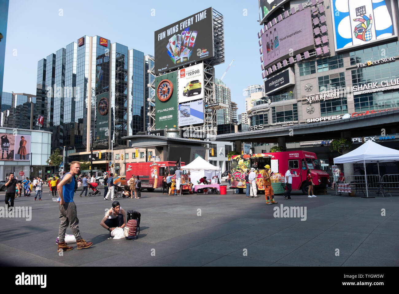 Toronto, Ontario, Canada, city life in the summer with activities at Dundas Square and Eaton Centre and Yonge Street, summer festivals Stock Photo