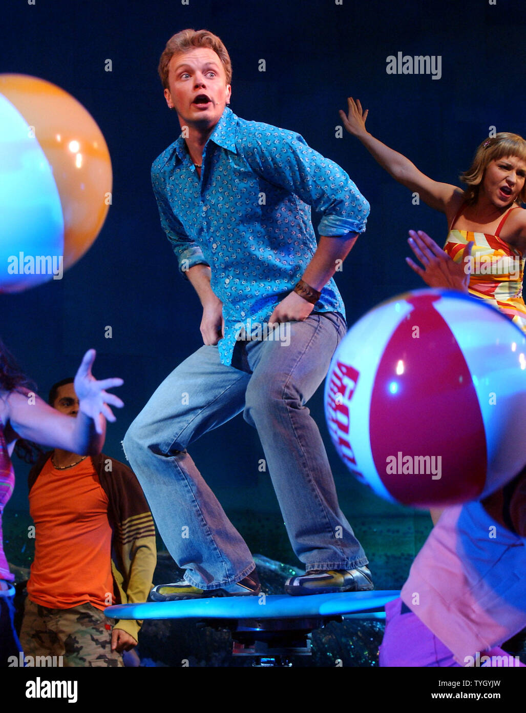 Heath Calvert and cast members take their opening night curtain call bows in the Broadway musical 'Good Vibrations' which opened on 1/27/05 at New York's Eugene O' Neill theatre and features the music and lyrics of Brain Wilson and the Beach Boys.  (UPI Photo/Ezio Petersen) Stock Photo
