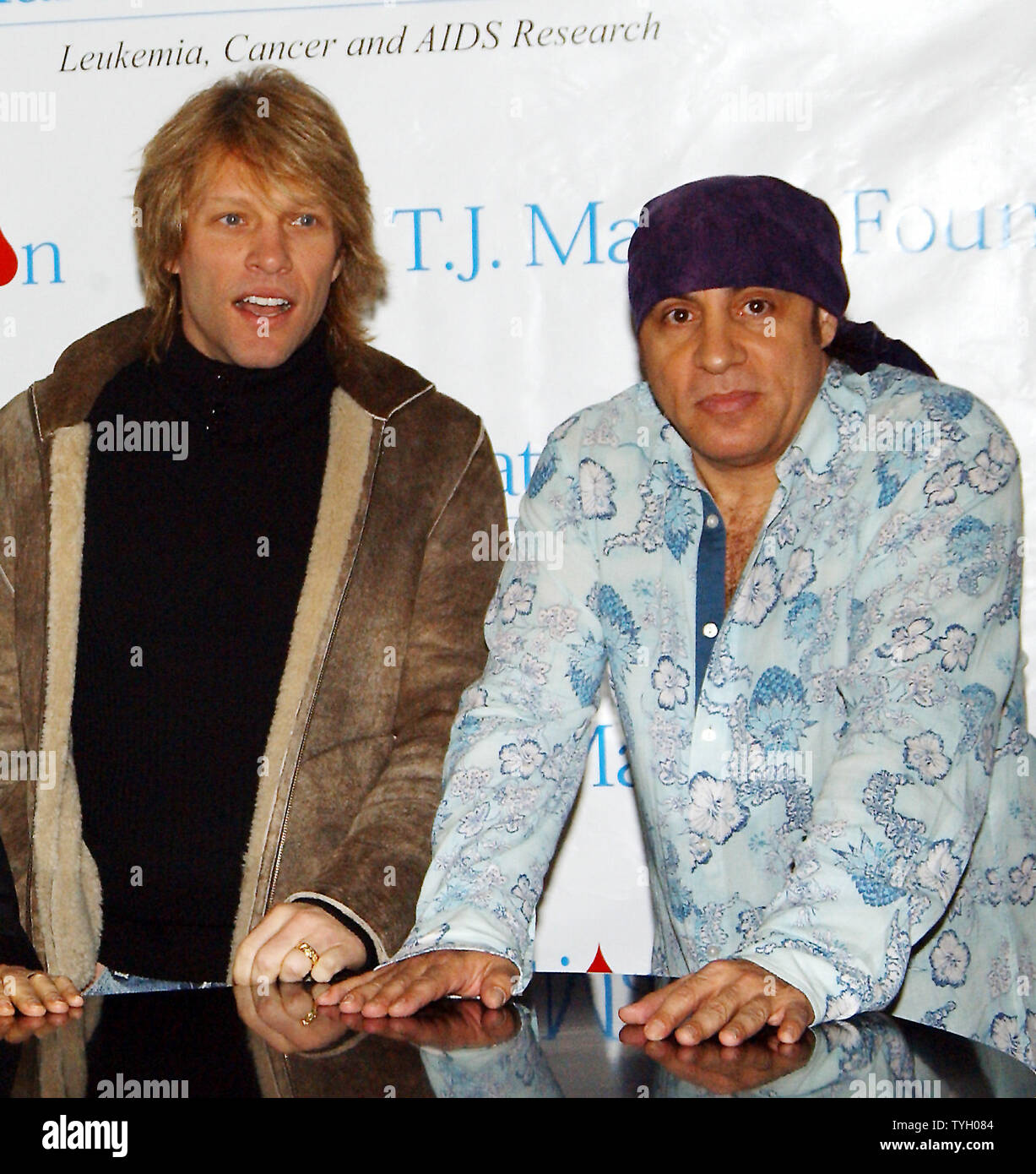 Jon Bon Jovi and Steven Van Zandt (left to right) pose after the 2/8/05 New York press conference held by the T.J.Martell Foundation which funds innovative medical research into the treatment and cure of leukemia, cancer and AIDS, to announce plans for the organizations 30th anniversary gala.  (UPI Photo/Ezio Petersen) Stock Photo