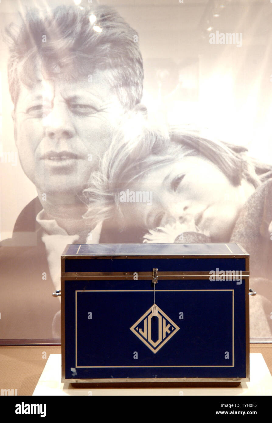 A blue acrylic tack trunk with white monogram JOK used by Mrs. Kennedy Onassis will be auctioned along with other items from the homes belonging to the family of President  Kennedy on 2/15 to 2/17//05 at Sotheby's New York galleries.  (UPI Photo/Ezio Petersen) Stock Photo