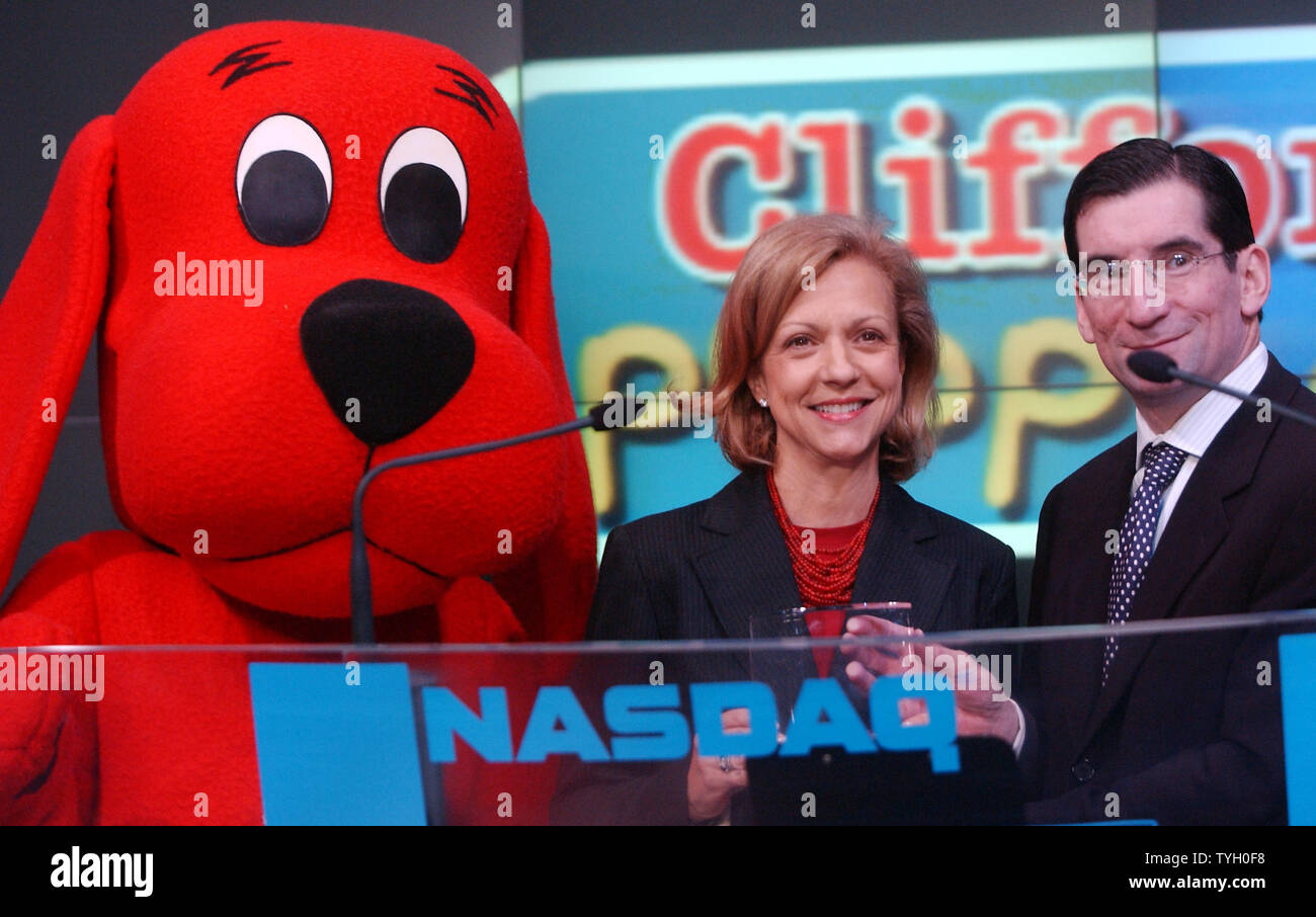 Deborah Forte, President of Scholastic Entertainment is joined by their  most famous book characther Clifford The Big Red Dog and Bob Greifeld, CEO  of NASDAQ at the 2/14/05 ceremonial NASDAQ opening bell