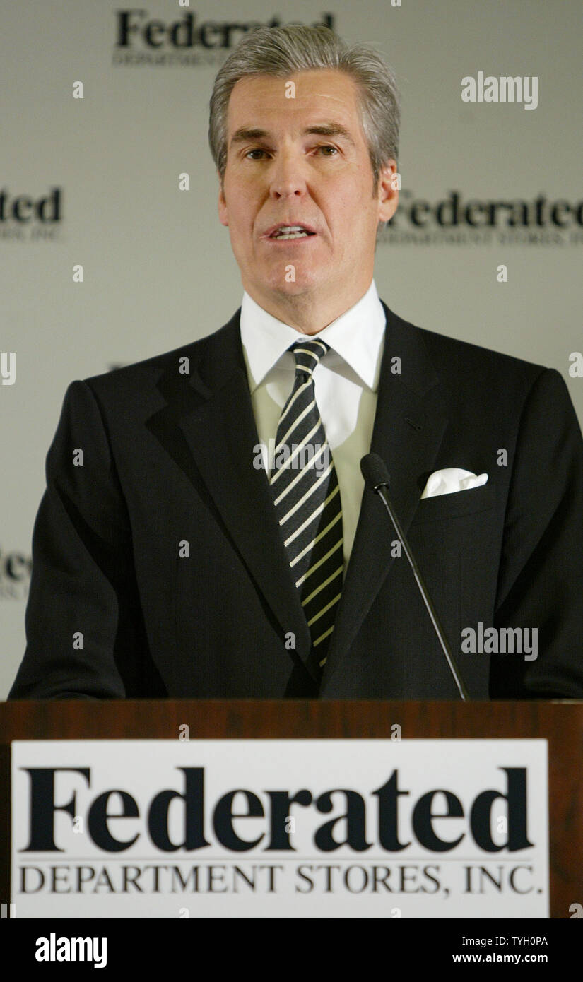 Terry Lundgren, president, chair and CEO of Federated Department Stores  which owns Macy's, announces that Federated and Mays Department Store has  entered into a merger agreement at a press conference February 28,