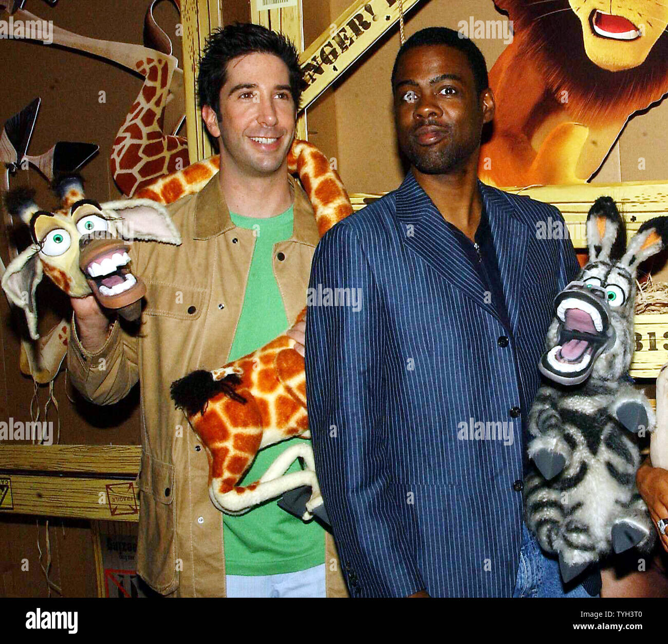 Actors David Schwimmer, Chris Rock (left to right) voice talent of the Dreamworks animated film 'Madagascar' arrive for the May 15, 2005 New York premiere of their film.  (UPI Photo/Ezio Petersen) Stock Photo