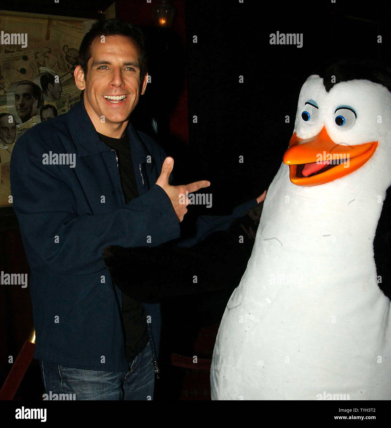 Actor Ben Stiller greets one of the penquins at the May 15, 2005 New York premiere of the Dreamworks animated film 'Madagascar' in which he stars.   (UPI Photo/Ezio Petersen) Stock Photo
