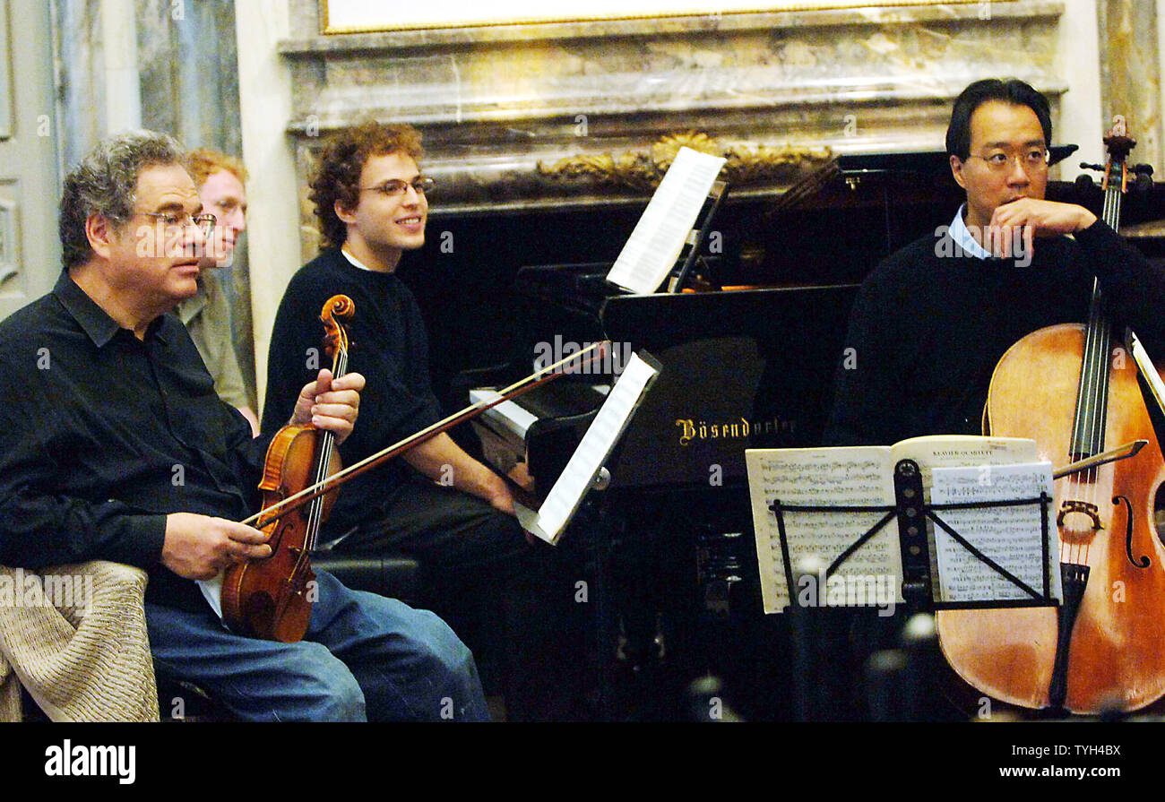 Itzhak Perlman (violin), Orion Weiss (piano), Yo-Yo Ma (cello) rehearse  Beethoven's Serenade in D Major Opus 8 for the May 25, 2005 gala  celebrating the alumni of the Perlman Music Program held