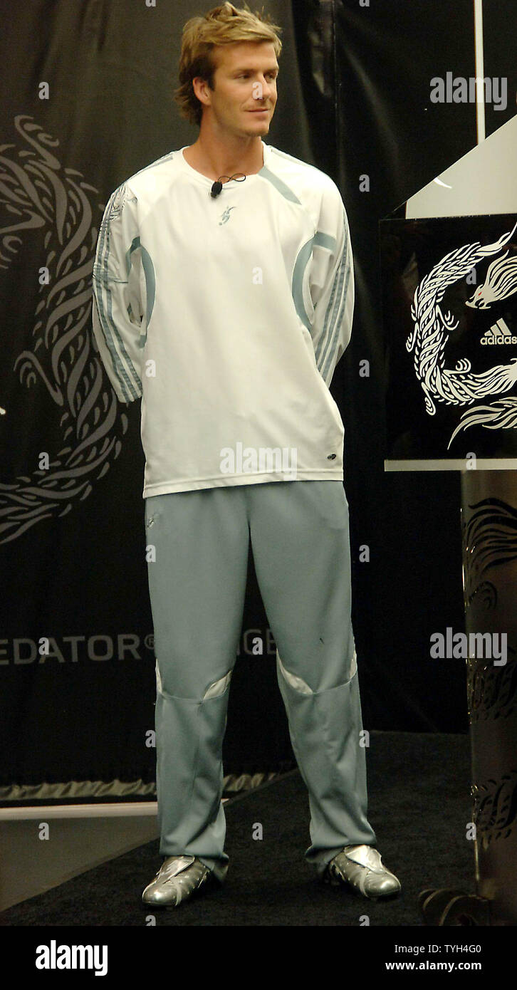 Global soccer superstar David Beckham unveils the new David Beckham  Predator Pulse Booth and Predator product line during a June 1, 2005 press  conference at the Adidas Sport Performance store in New