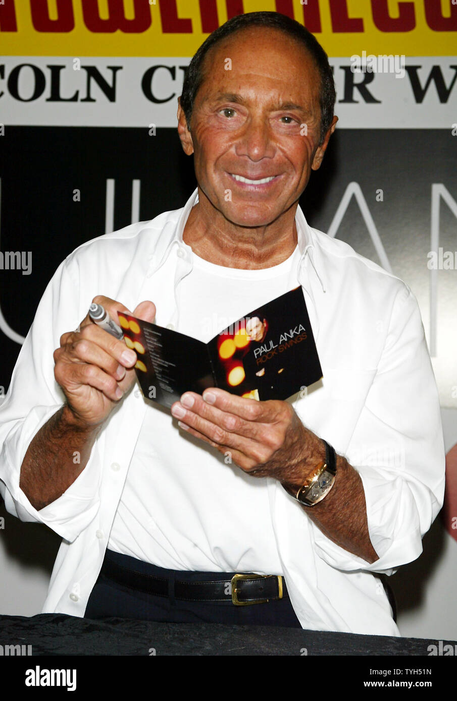 Paul Anka signs copies of his new CD "Rock Swings" at Tower Records in New  York on June 9, 2005. (UPI Photo/Laura Cavanaugh Stock Photo - Alamy